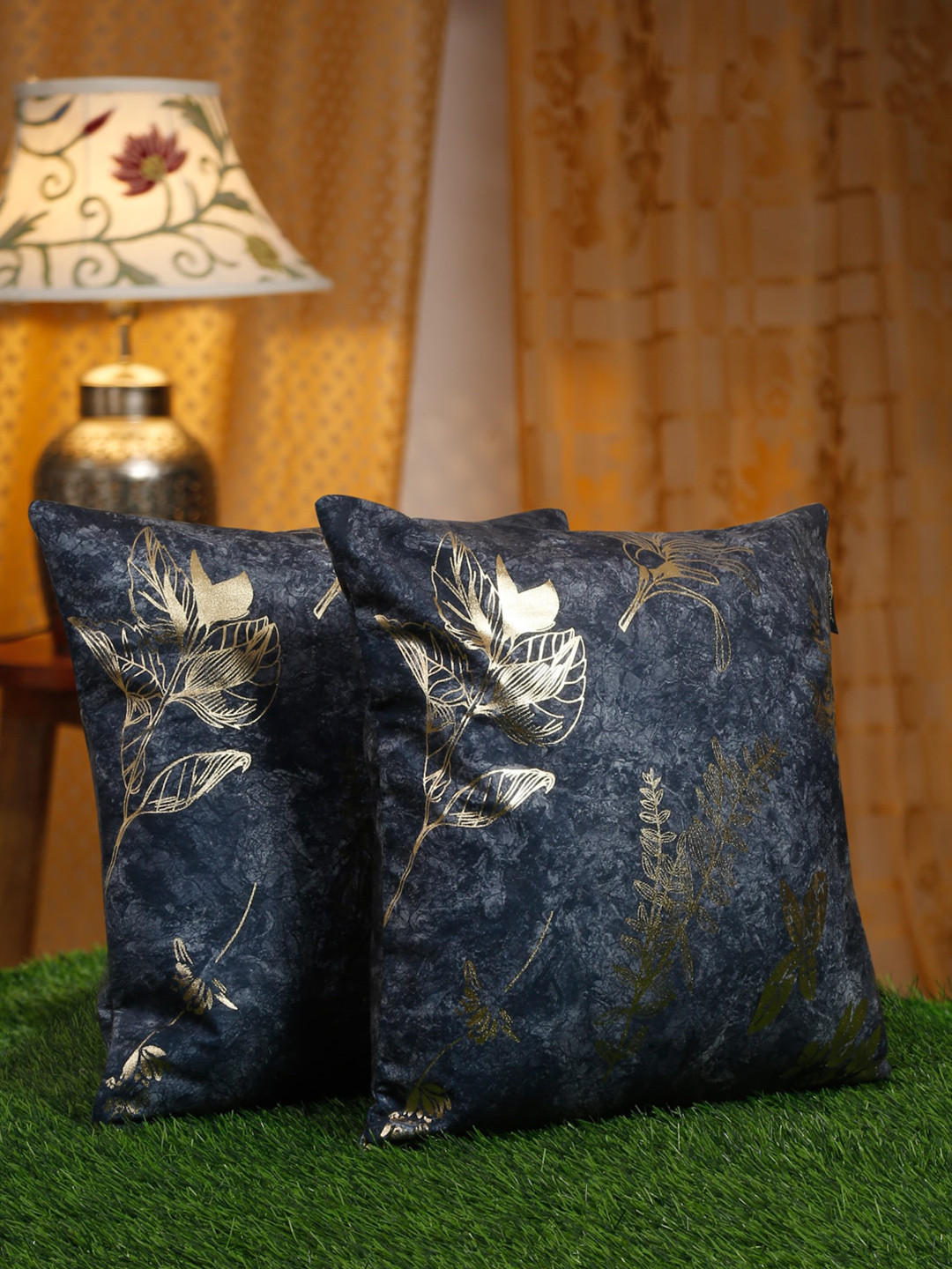 HOSTA HOMES Blue & Gold-Toned 2 Pieces Ethnic Motifs Velvet Square Cushion Covers