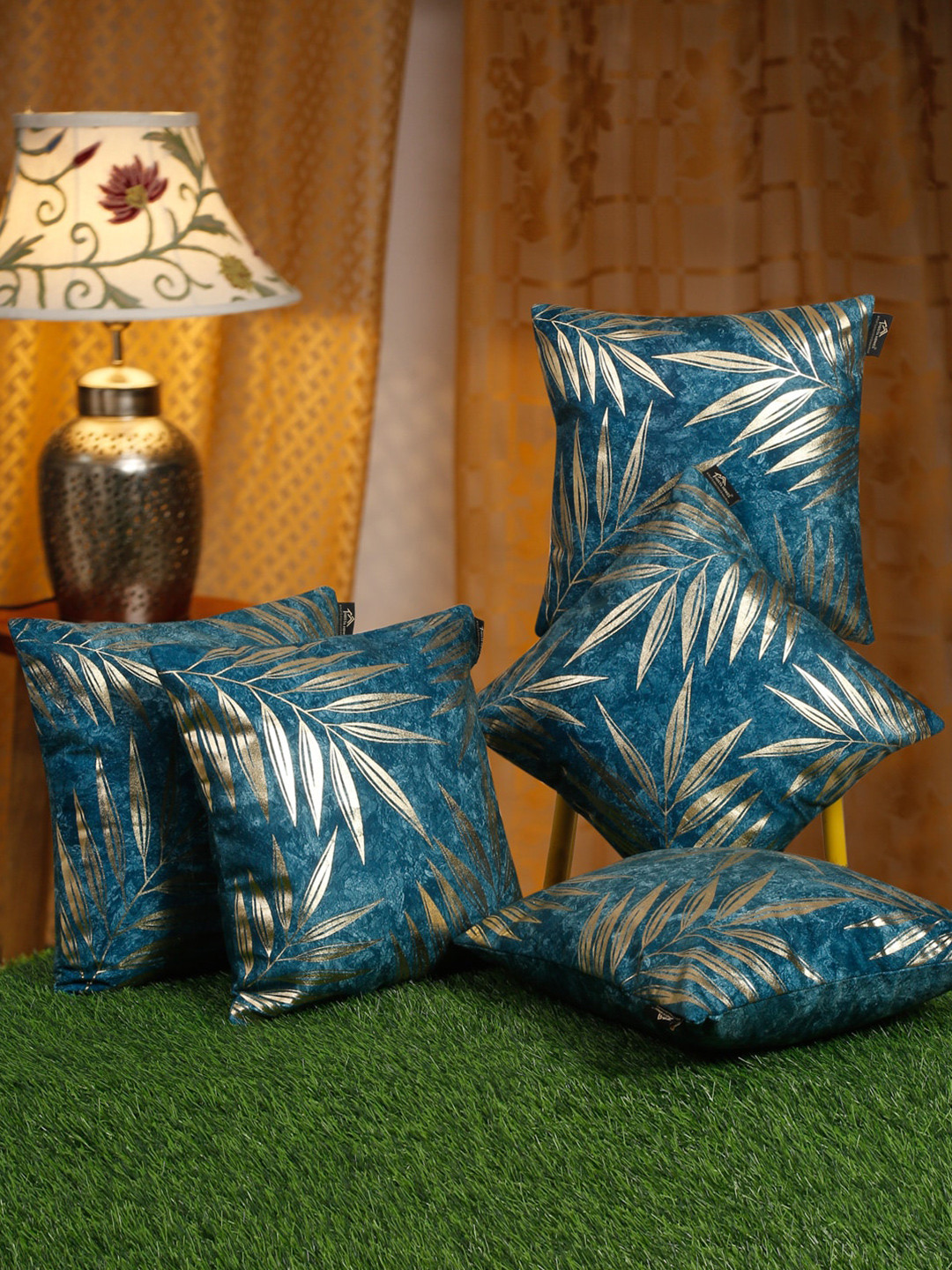 HOSTA HOMES Teal Green & Gold-Toned 5 Pieces Floral Velvet Square Cushion Covers