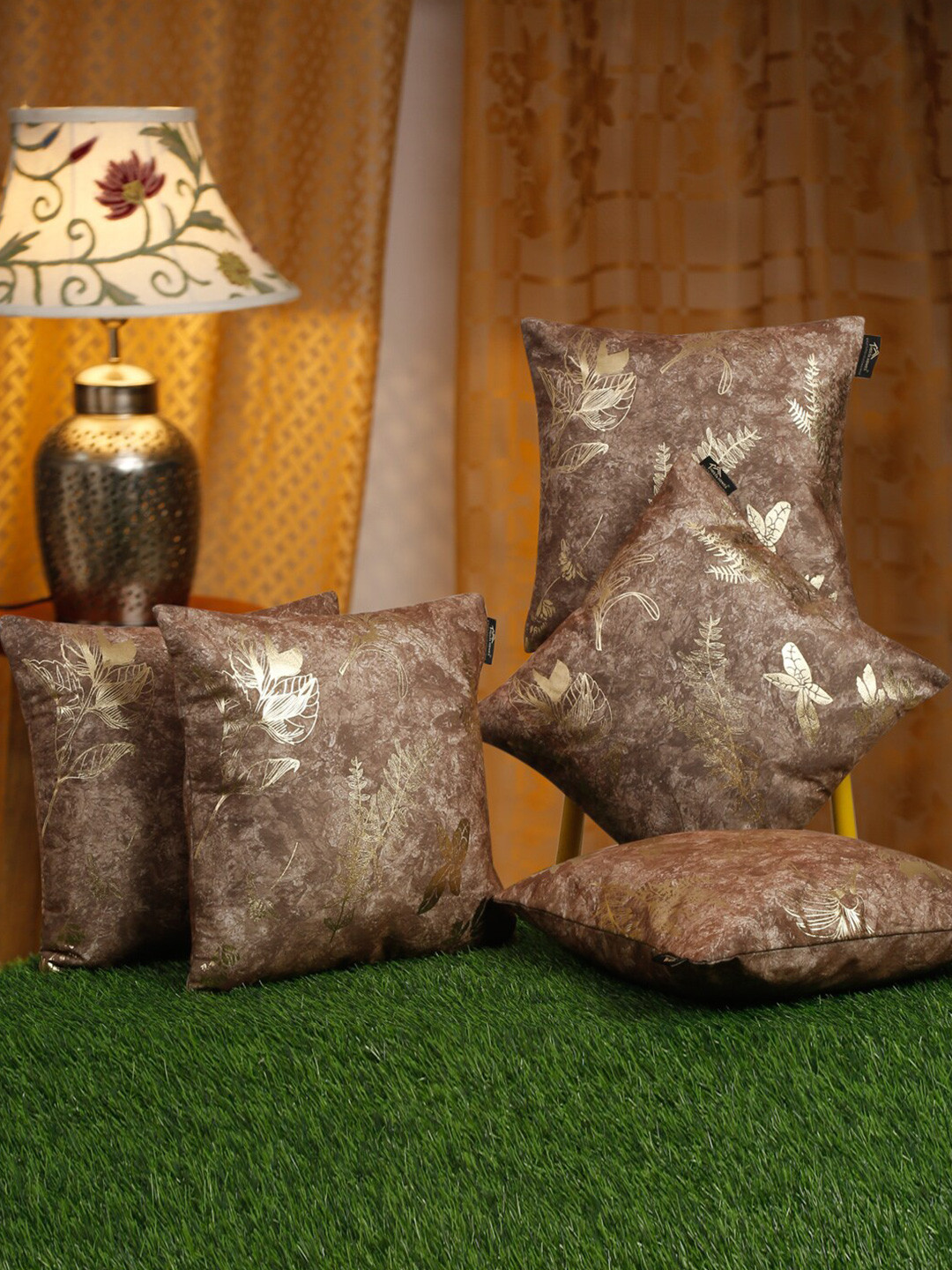 HOSTA HOMES Brown 5 Pieces Abstract Velvet Square Cushion Covers