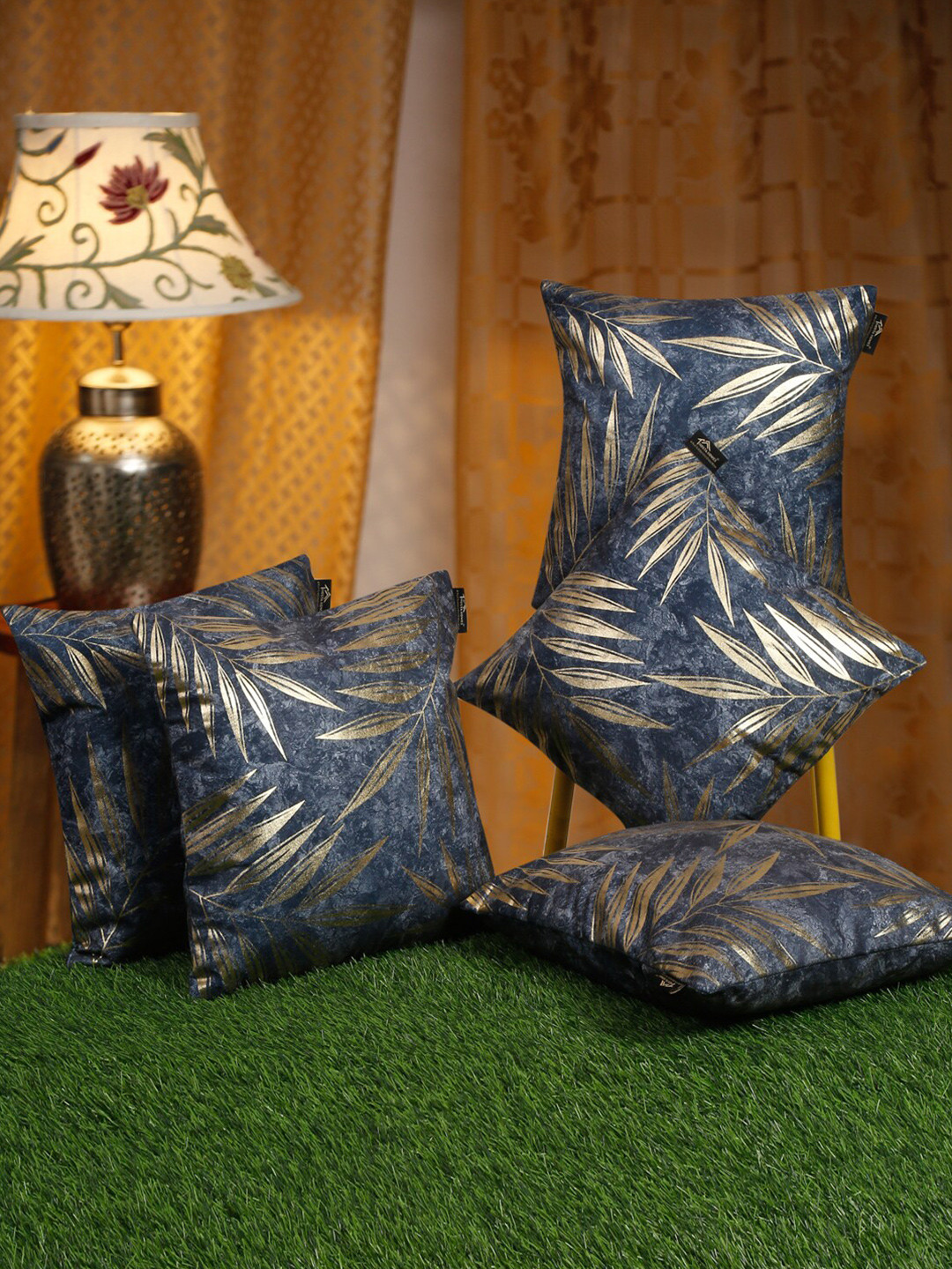 HOSTA HOMES Self Patterened Leaf Velvet Durable 5 Pcs Square Cushion Covers - 16 x 16 In