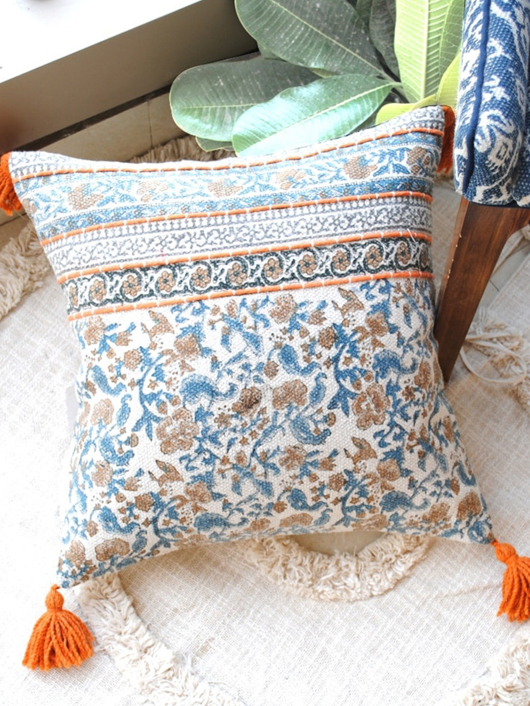 Art Avenue Clarkia White & Teal Floral Printed Cotton Square Cushion Cover