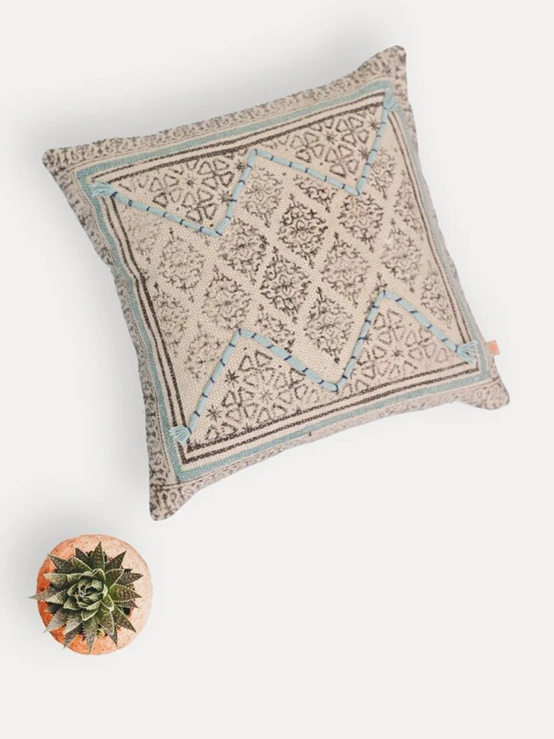 Art Avenue Brat Cream Ethnic Motifs Cotton Embroidered Square Cushion Cover -18x18In