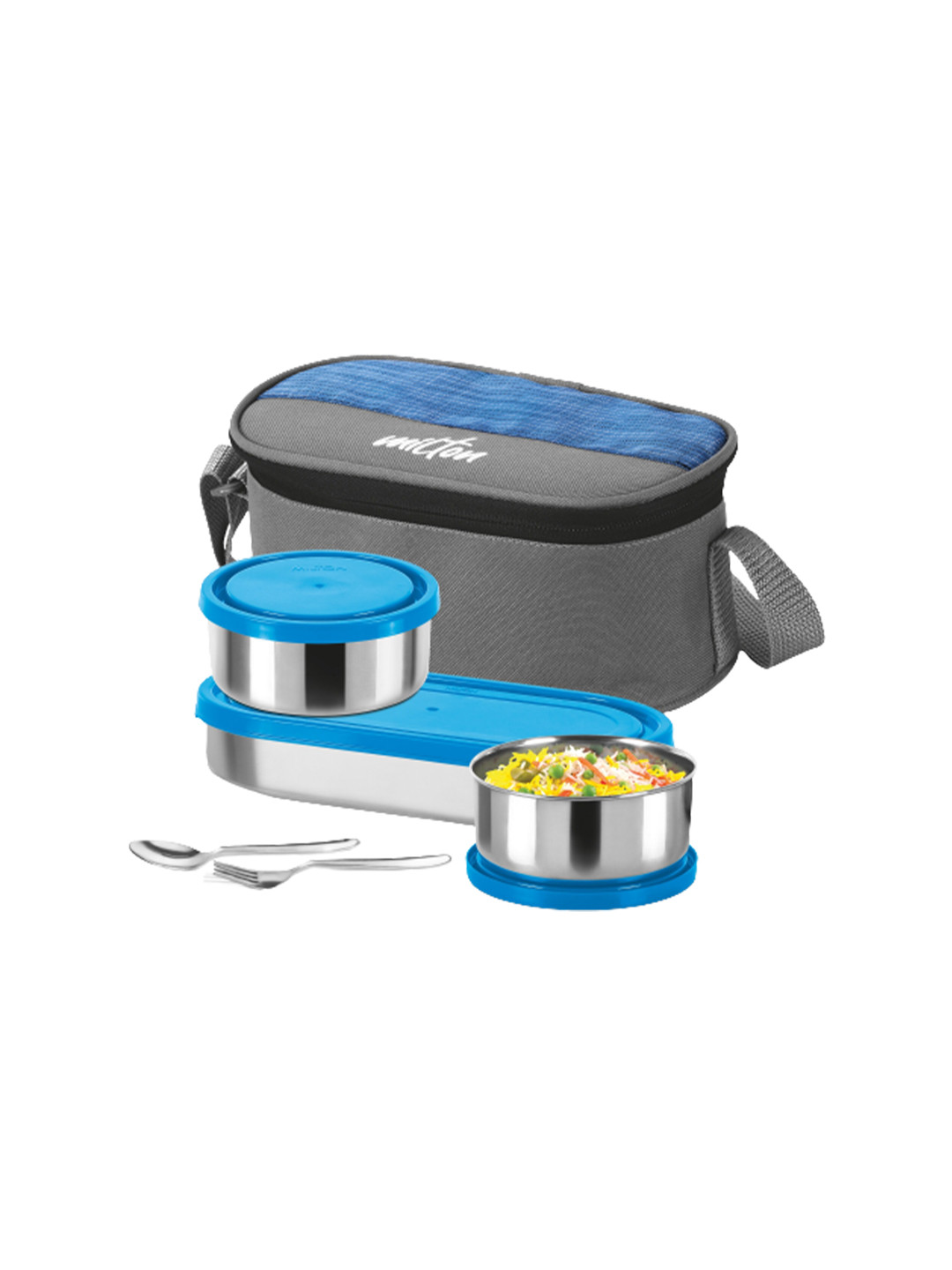 Milton Master Lunch Stainless Steel Tiffin With Spoon And Fork And Insulated Jacket Blue