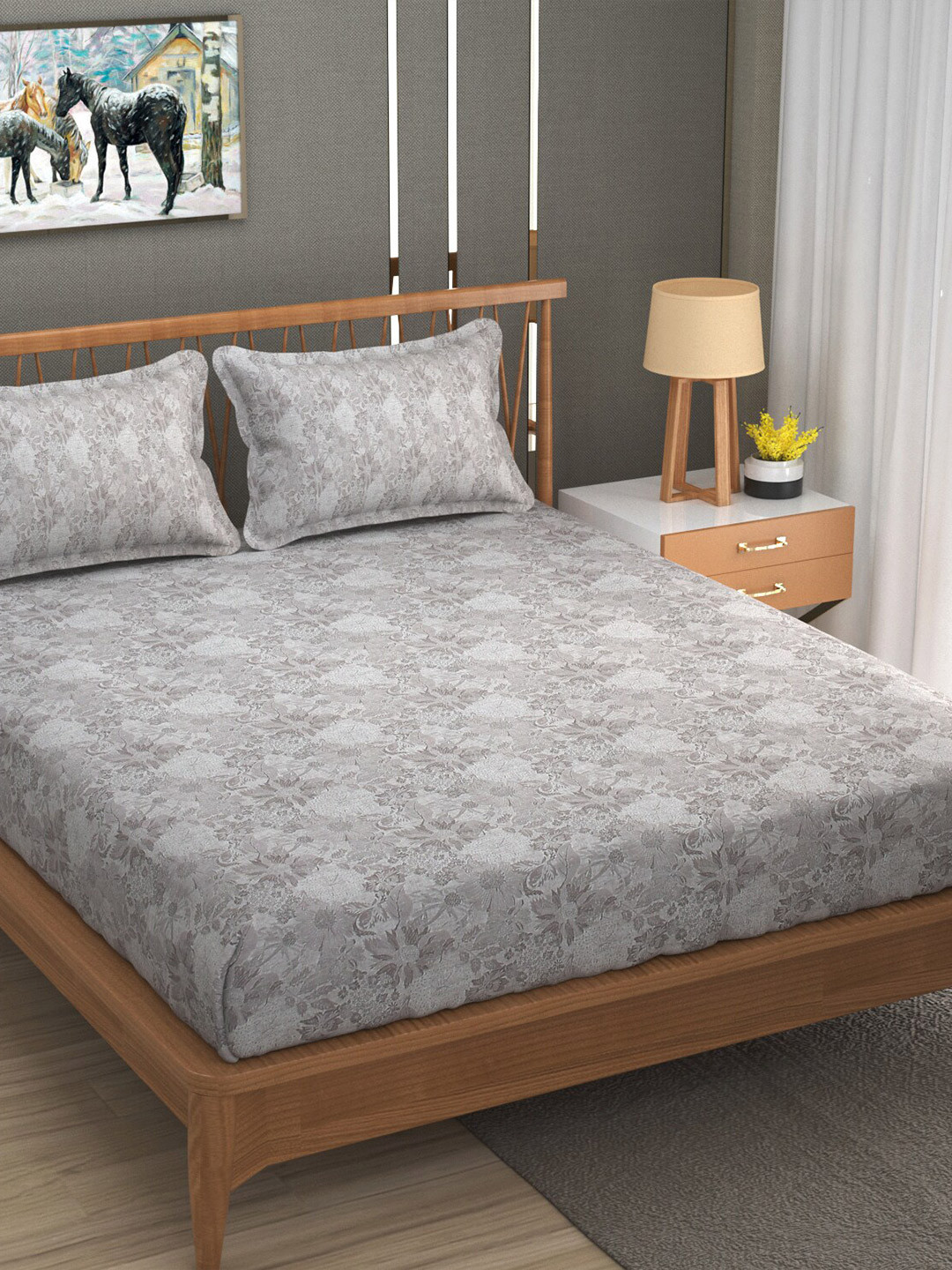 MAFATLAL Classic Grey Floral Pure Cotton 144 TC King Bedsheet with 2 Pillow Covers-108 x 108 inches