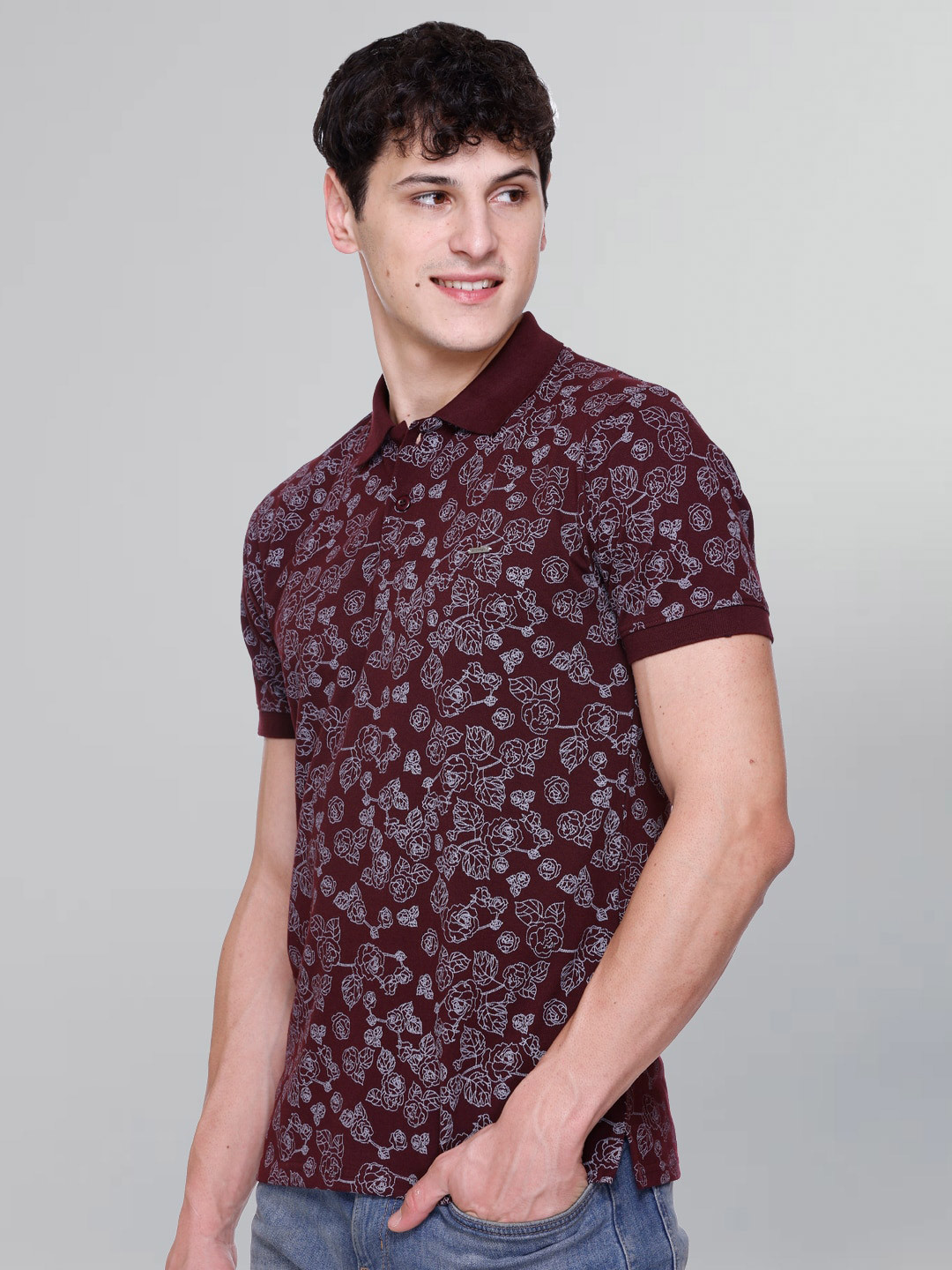 GODFREY Floral Printed Polo Collar Cotton Casual T-Shirt