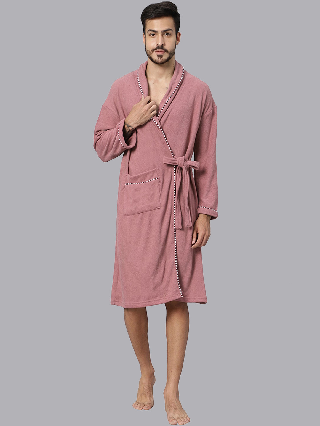 HotGown Double Rose Solid Cotton Drawstring Knee Length Bath Robe-M
