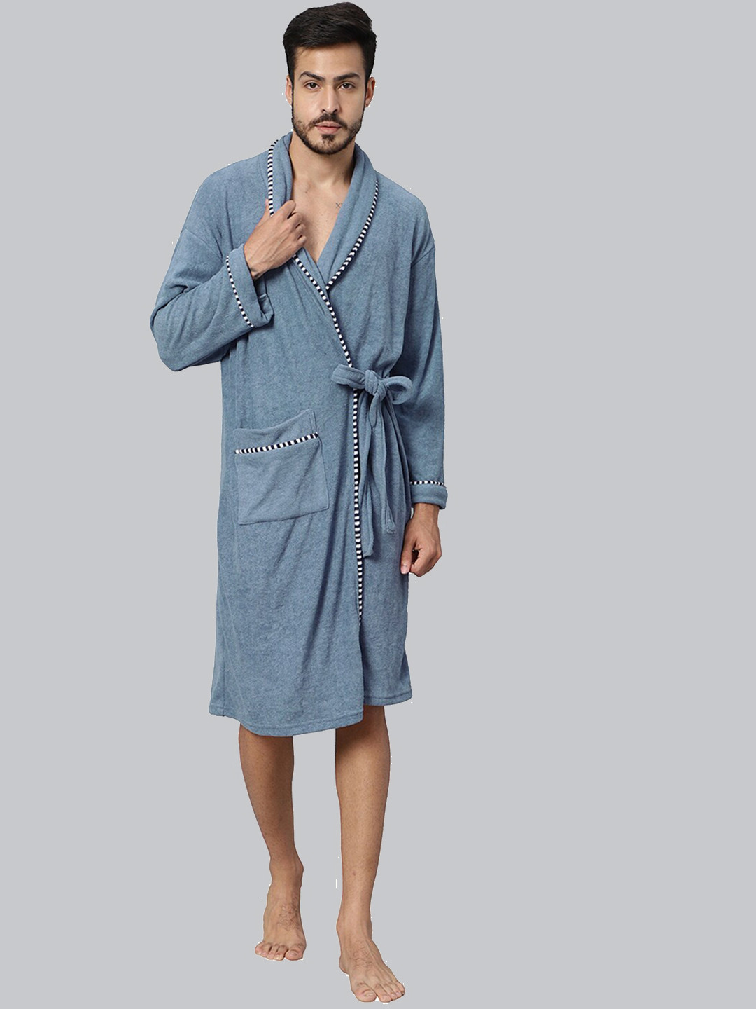 HotGown Double Blue Solid Cotton Drawstring Knee Length Bath Robe-M