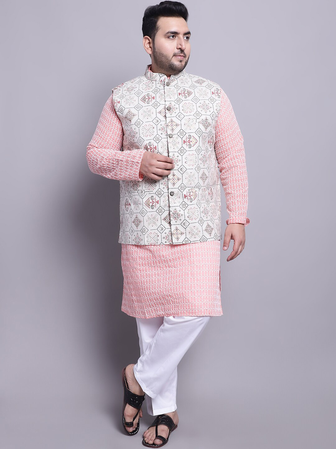 SOJANYA PLUS Floral Embroidered Regular Cotton Linen Kurta With Pyjamas & Nehru Jacket