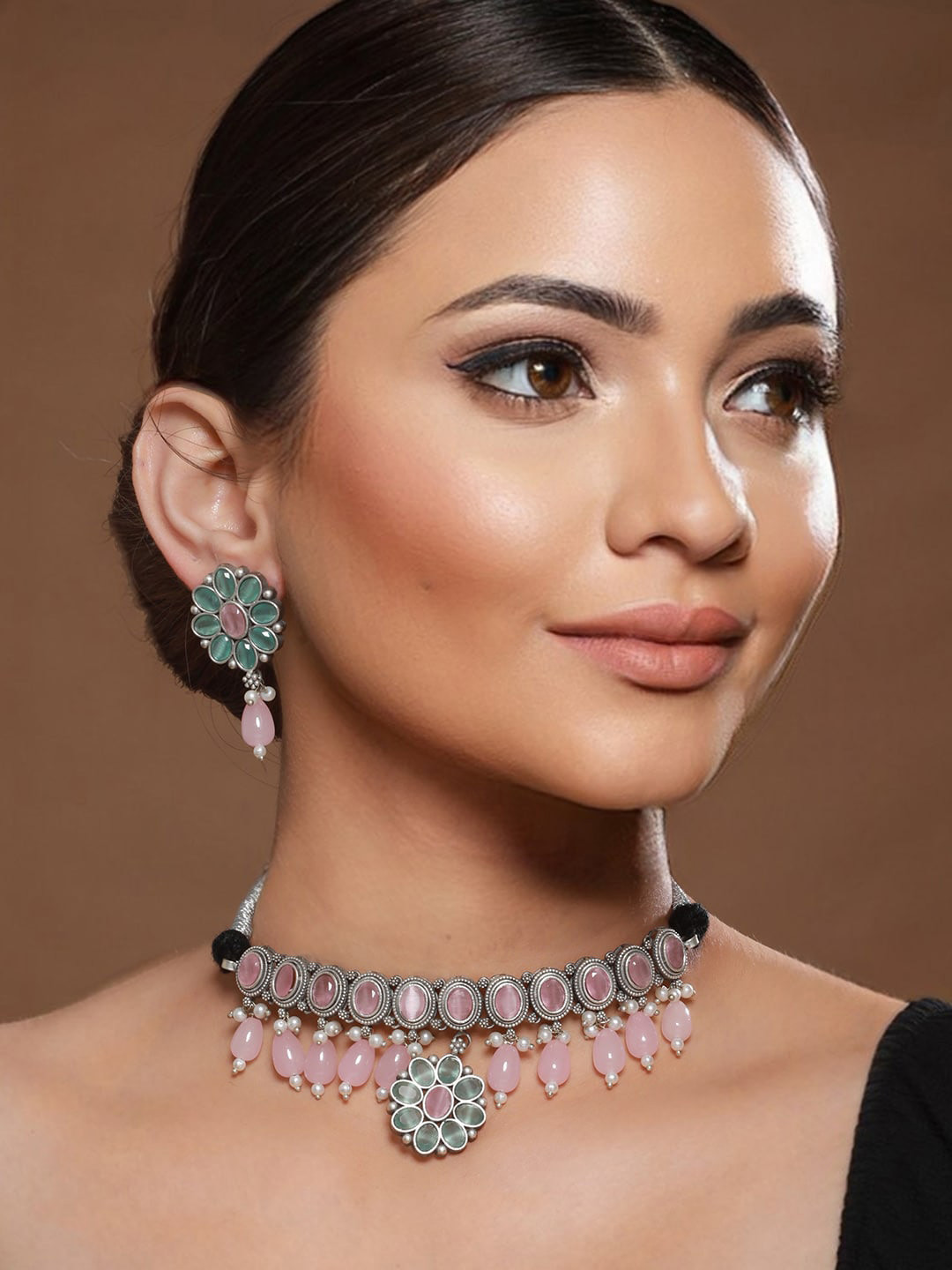 Saraf RS Jewellery Silver-Plated AD-Studded & Beaded Necklace & Earrings Set