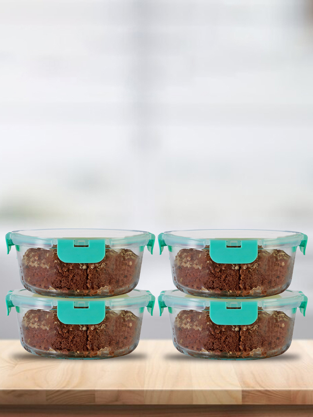 Allo CL493CG Green Solid Glass Oven Safe 4PCs Lunch Box With Spoon and Fork