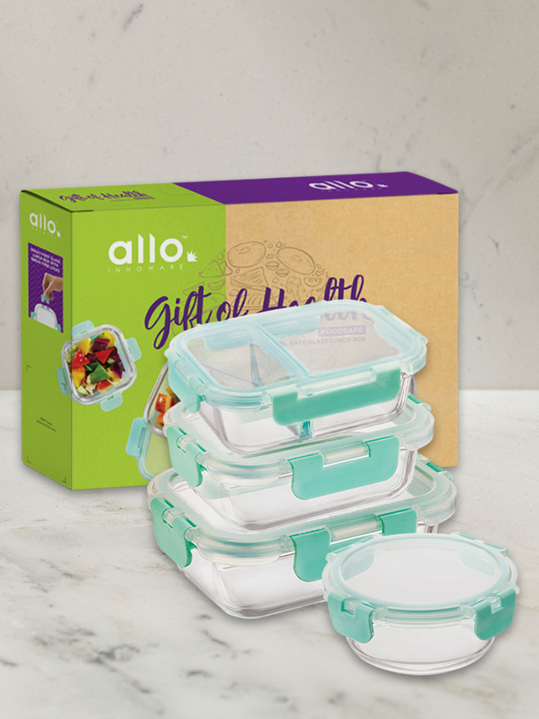 Allo CL004GB Green Solid Glass Oven Safe 4PCs Lunch Box With Spoon and Fork