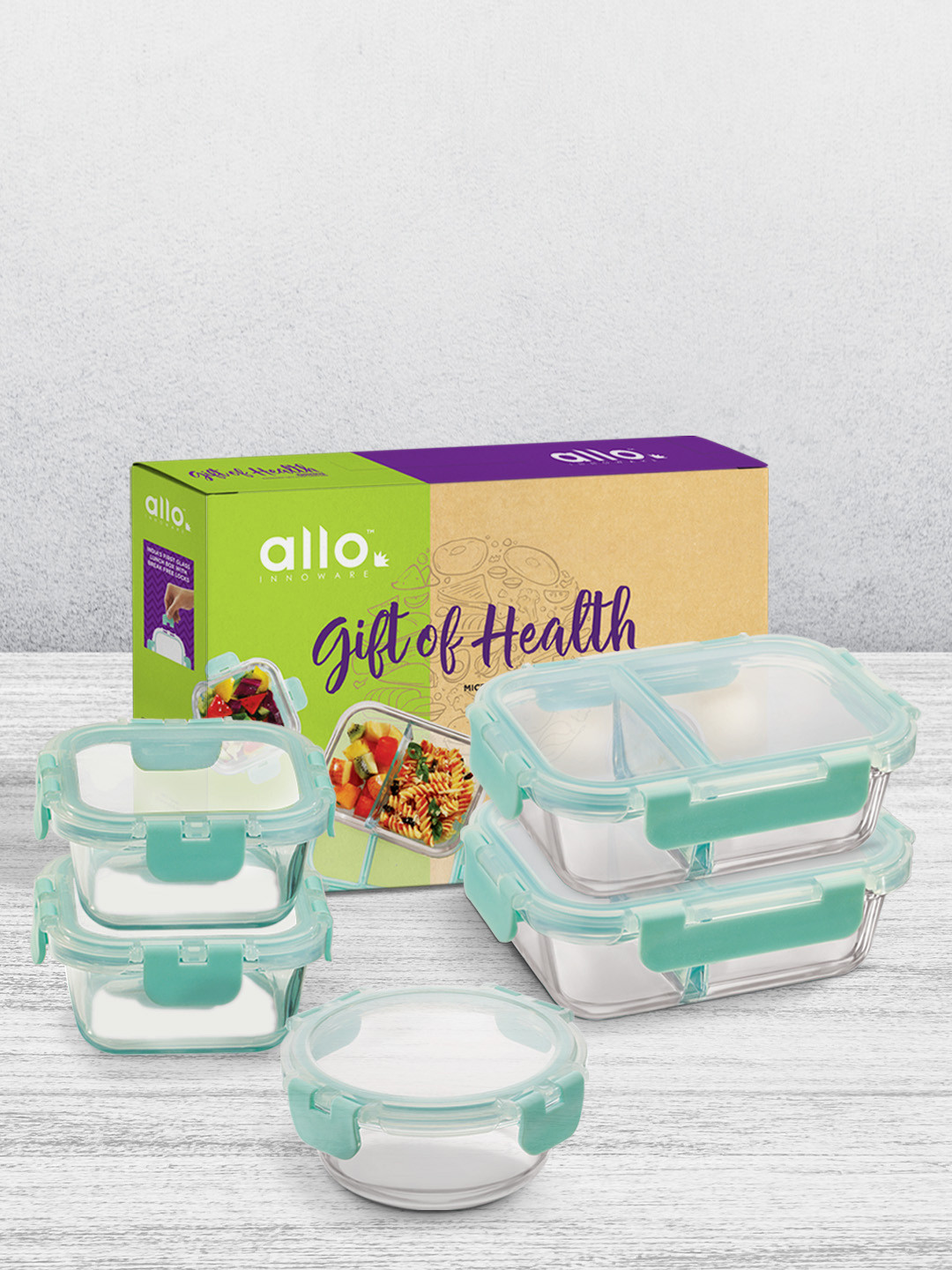 Allo CL001GB Green Solid Glass Oven Safe 6PCs Lunch Box With Spoon and Fork