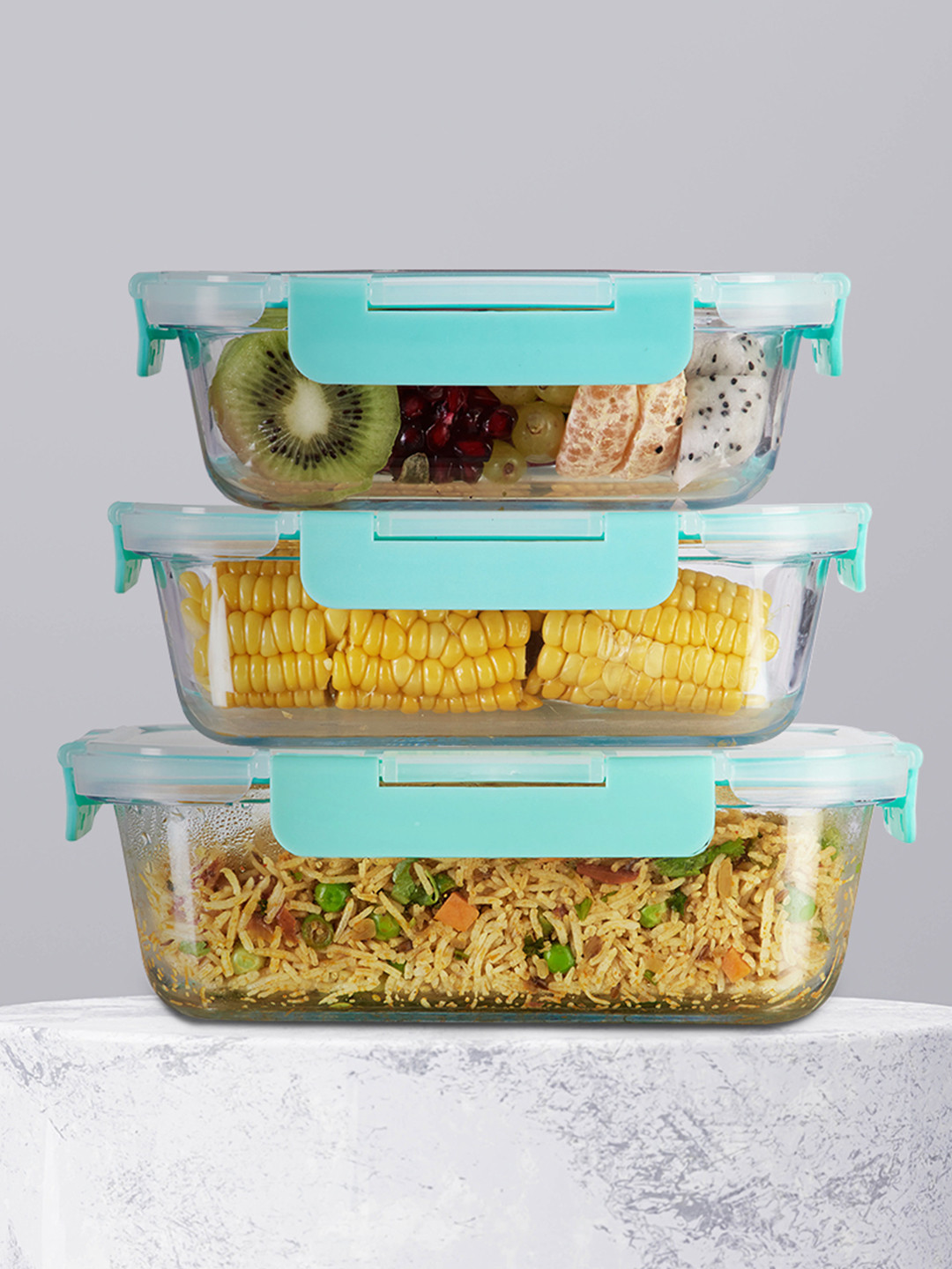 Allo CL302RG Green Solid Glass Oven Safe 3PCs Lunch Box With Spoon and Fork