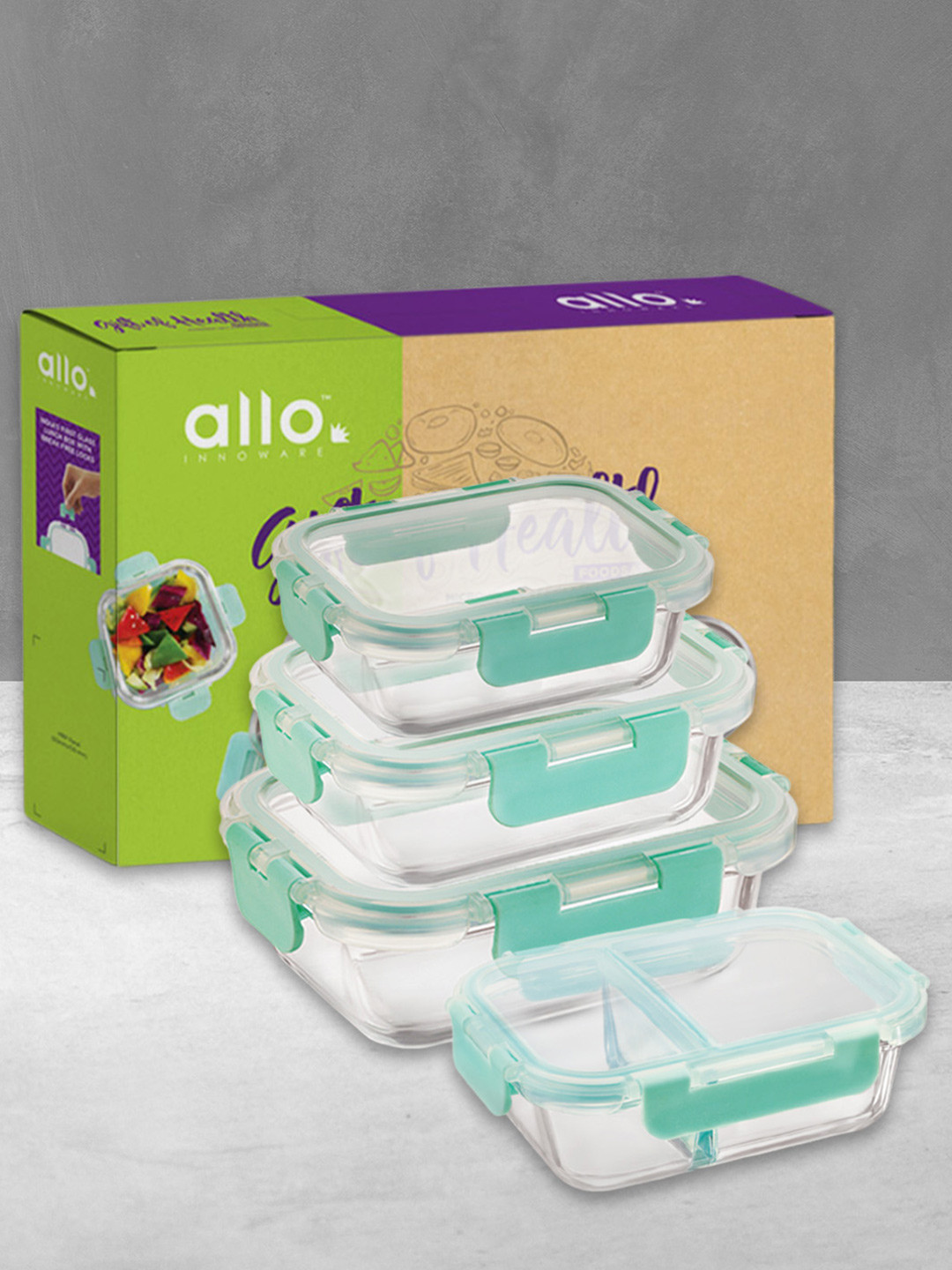 Allo CL005GB Green Solid Glass Oven Safe 4PCs Lunch Box With Spoon and Fork