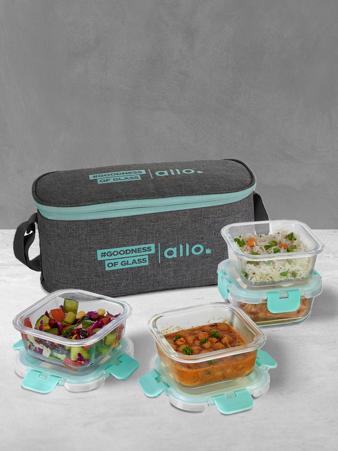 Allo CG402XX Grey Solid Glass Oven Safe 4PCs Lunch Box With Spoon and Fork