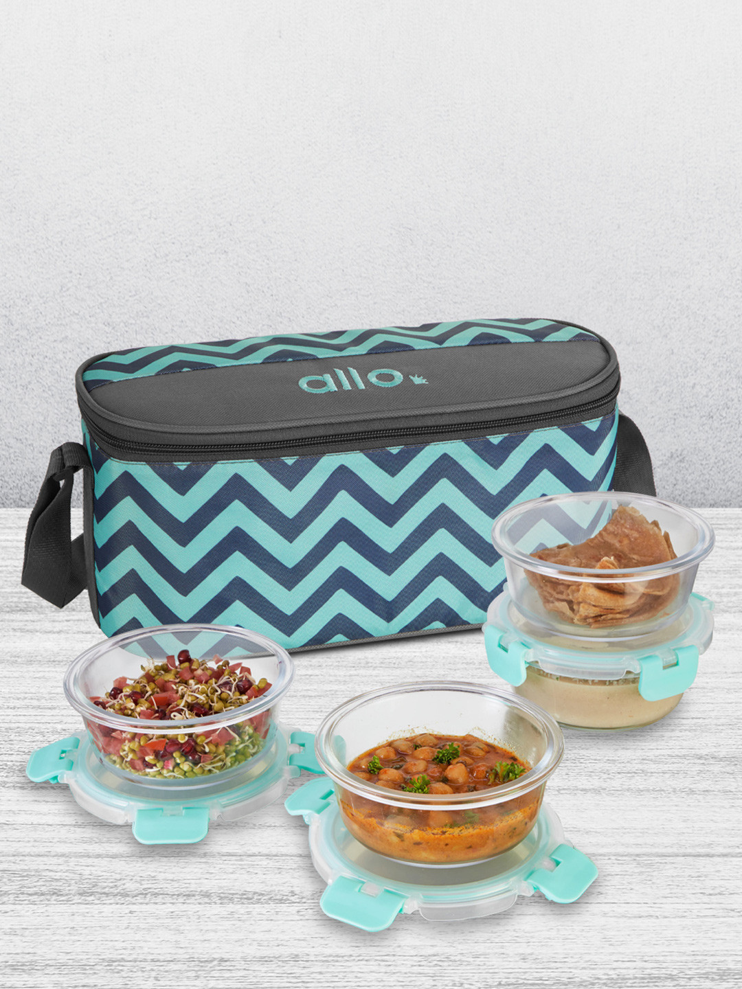 Allo CM403XX Green Solid Glass Oven Safe 4PCs Lunch Box With Spoon and Fork