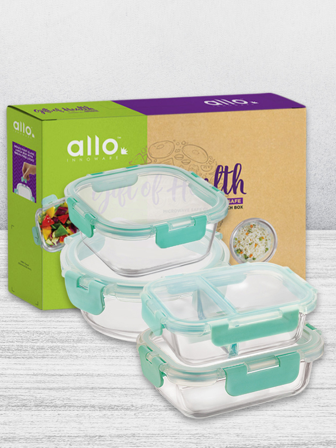 Allo CL006GB Green Solid Glass Oven Safe 4PCs Lunch Box With Spoon and Fork