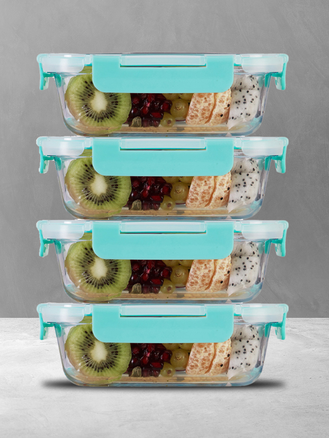 Allo CL464RG Green Solid Glass Oven Safe 4PCs Lunch Box With Spoon and Fork