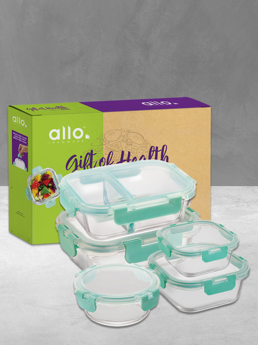 Allo CL003GB Green Solid Glass Oven Safe 6PCs Lunch Box With Spoon and Fork