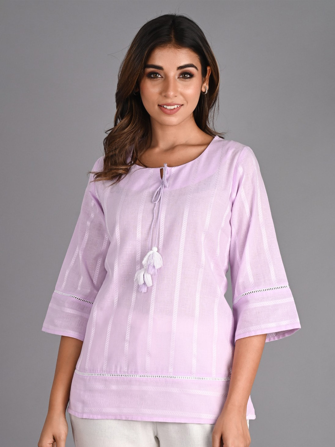 Do Dhaage Purple Tie-Up Neck Cut Out Detailed Cotton Top