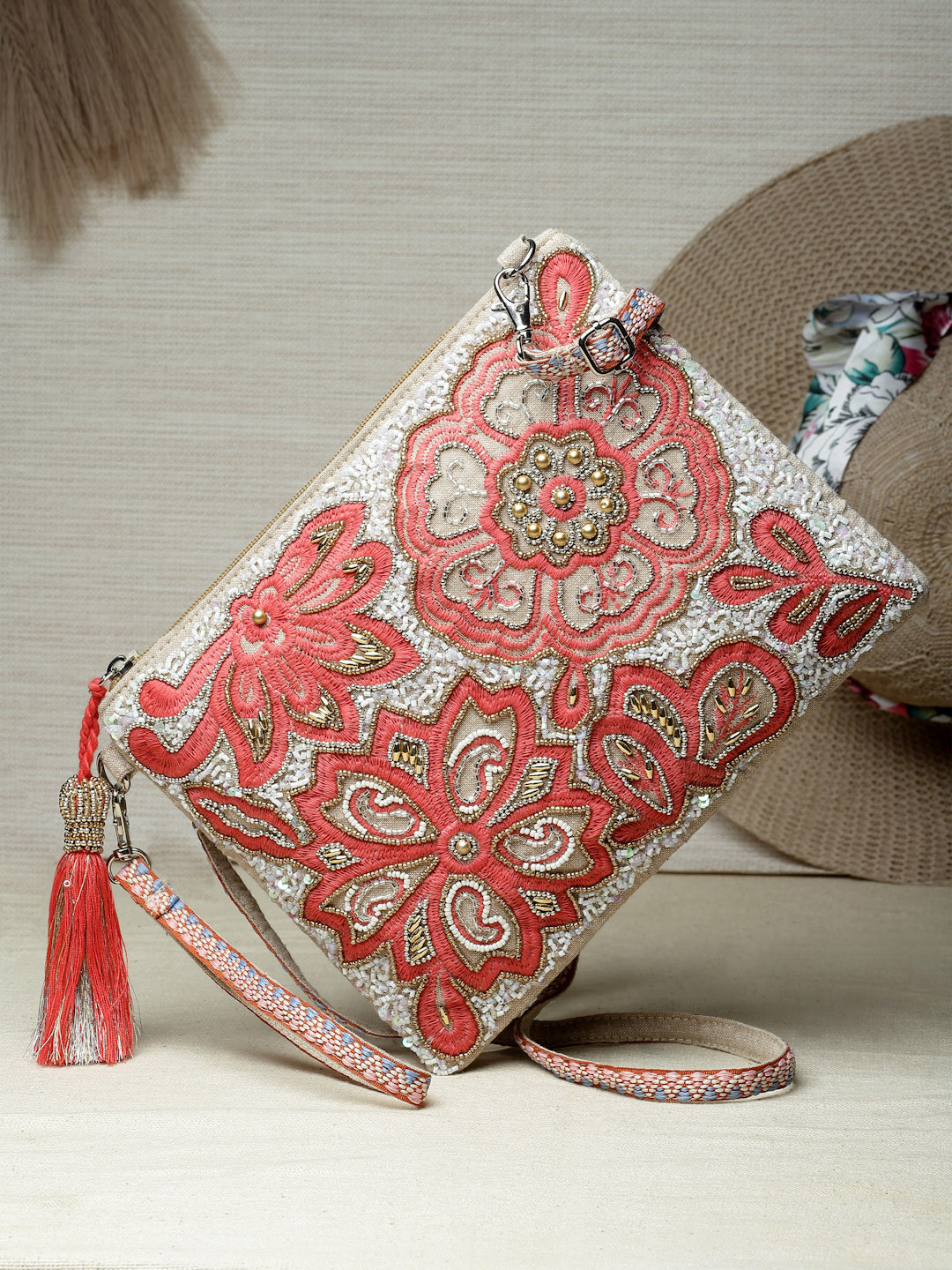 Anekaant Floral Embellished Pouch Structured Cotton Canvas Sling Bag