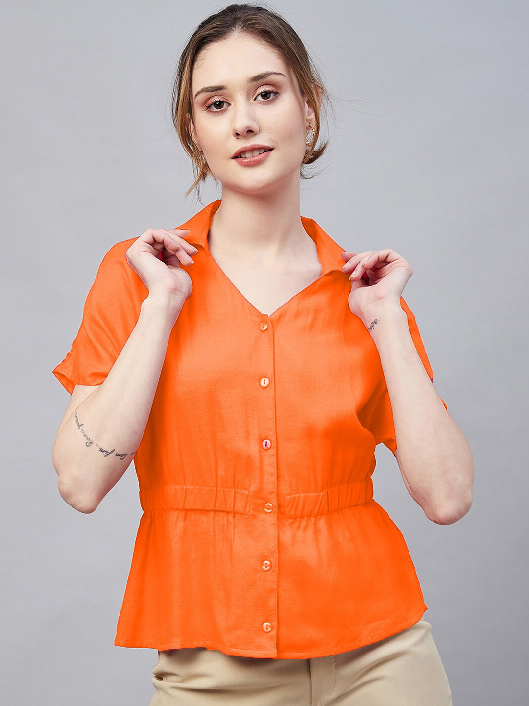 RARE Gathered Orange Extended Sleeves Shirt Style Top