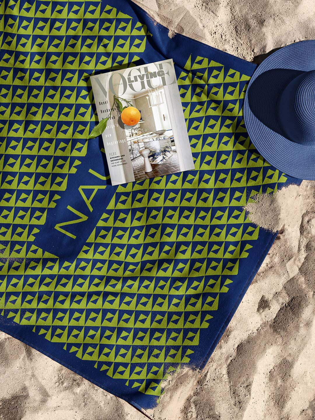 Nautica Navy-Blue & Green Printed 500 GSM Pure Cotton Bath Towel