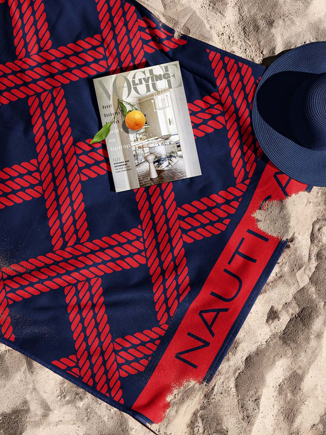 Nautica Navy-Blue & Red Printed 500 GSM Pure Cotton Bath Towel