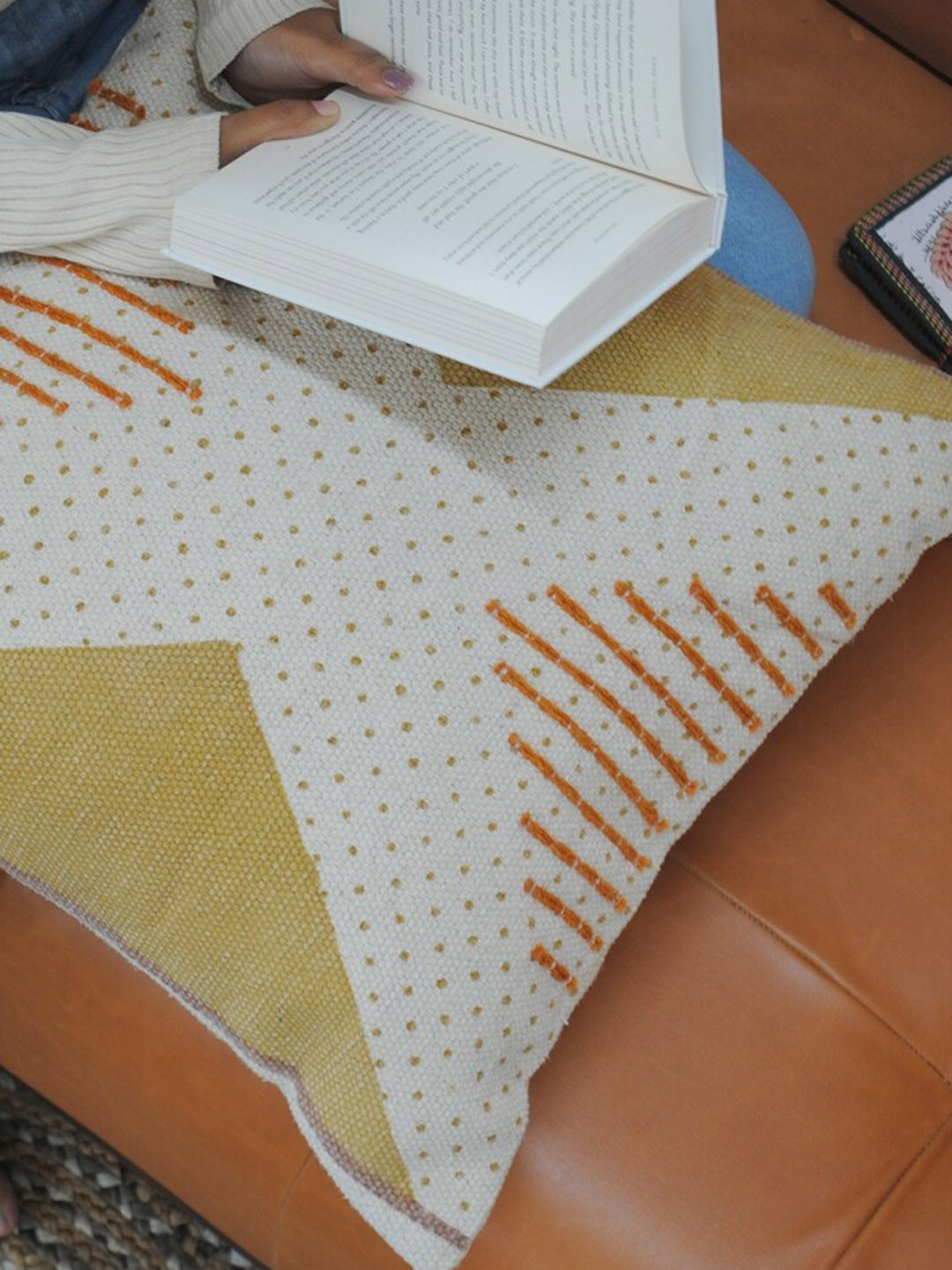 Art Avenue Flebane White Cotton Breathable Embroidered Square Cushion Cover -16x16In