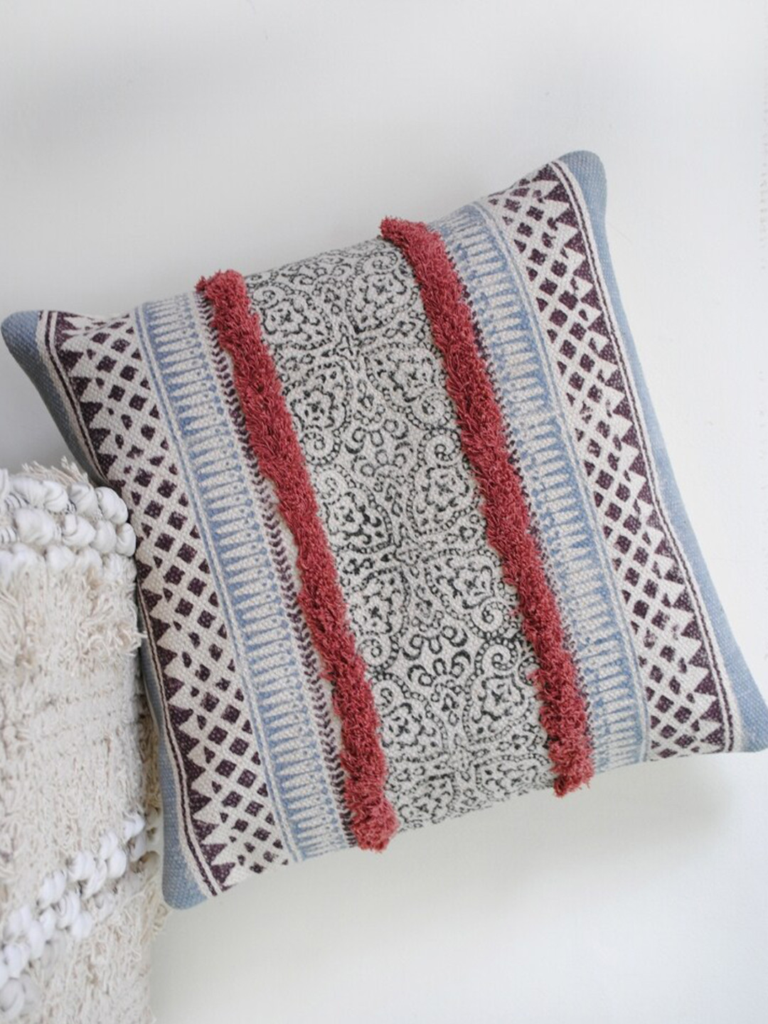 Art Avenue Erodium White & Blue Self Design Cotton Square Cushion Cover