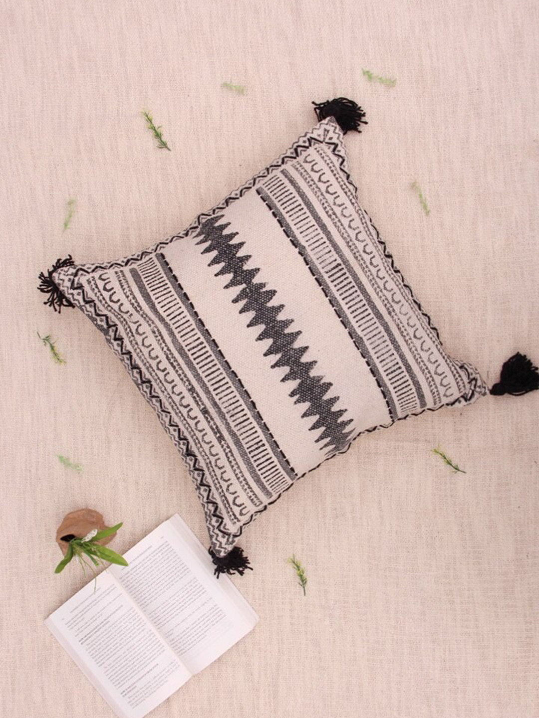 Art Avenue Heart Beige Cotton Breathable Embroidered Square Cushion Cover -16x16In