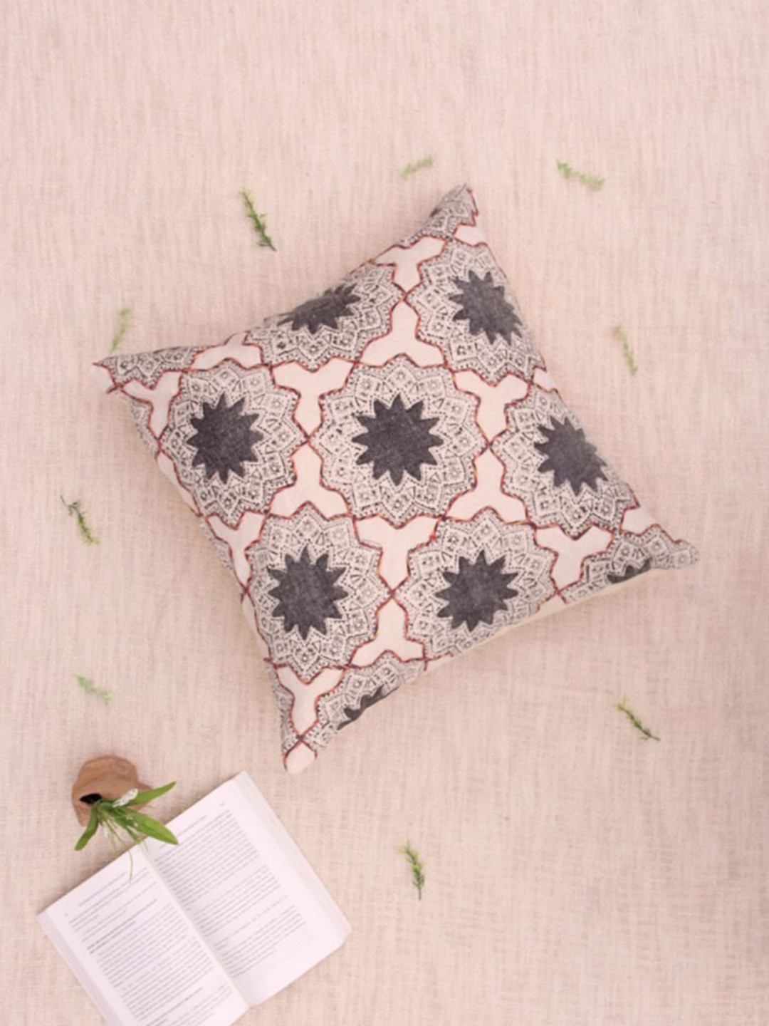 Art Avenue Dark Grey Ethnic Motifs Cotton Embroidered Square Cushion Cover -16x16In
