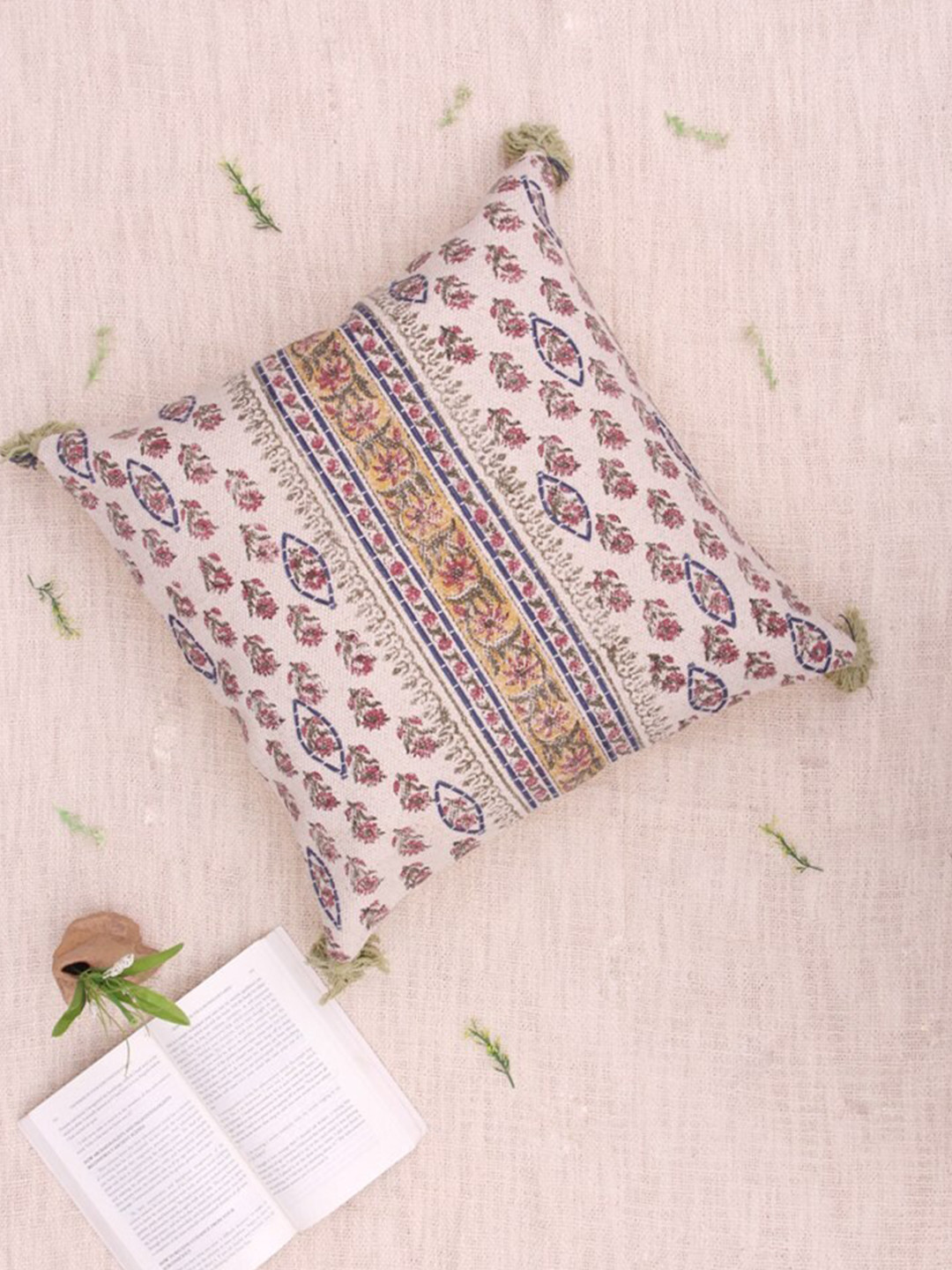 Art Avenue Fishery Peach-Coloured & Blue Floral Cotton Square Cushion Cover