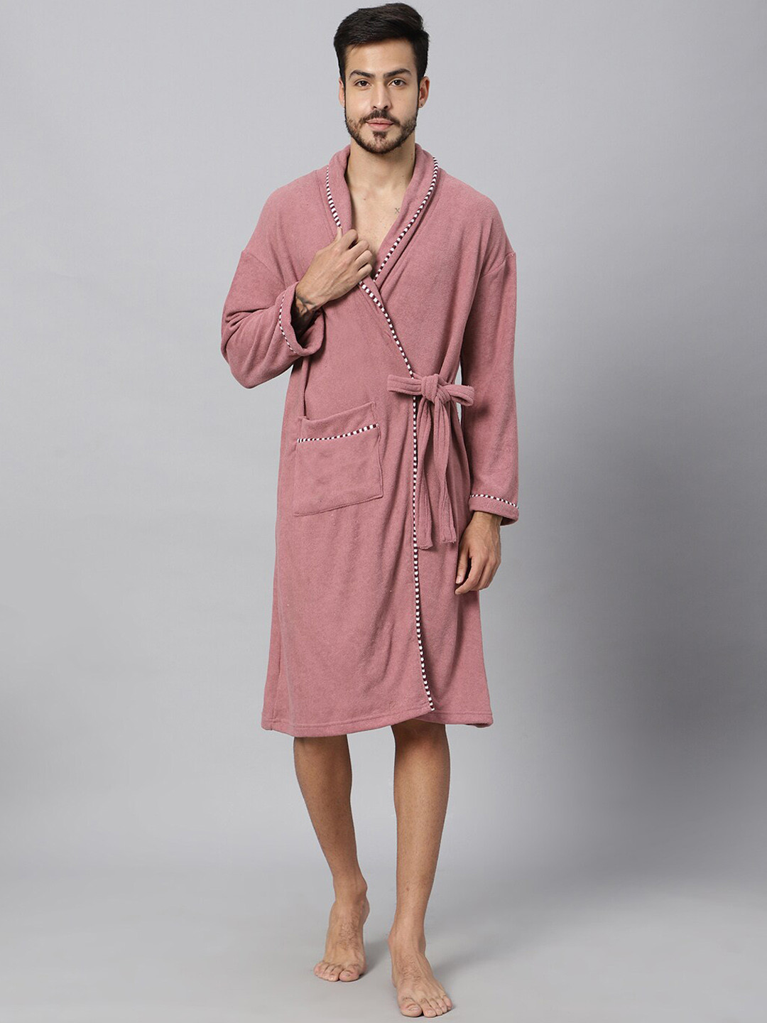 LacyLook Rose Solid Cotton Drawstring Knee Length Bath Robe-M