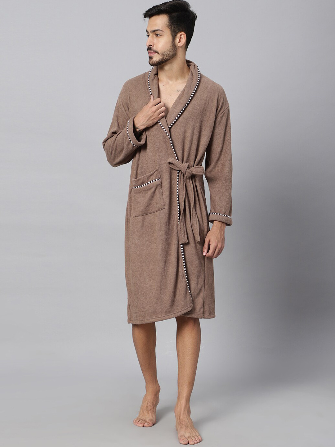LacyLook Brown Solid Cotton Drawstring Knee Length Bath Robe-M