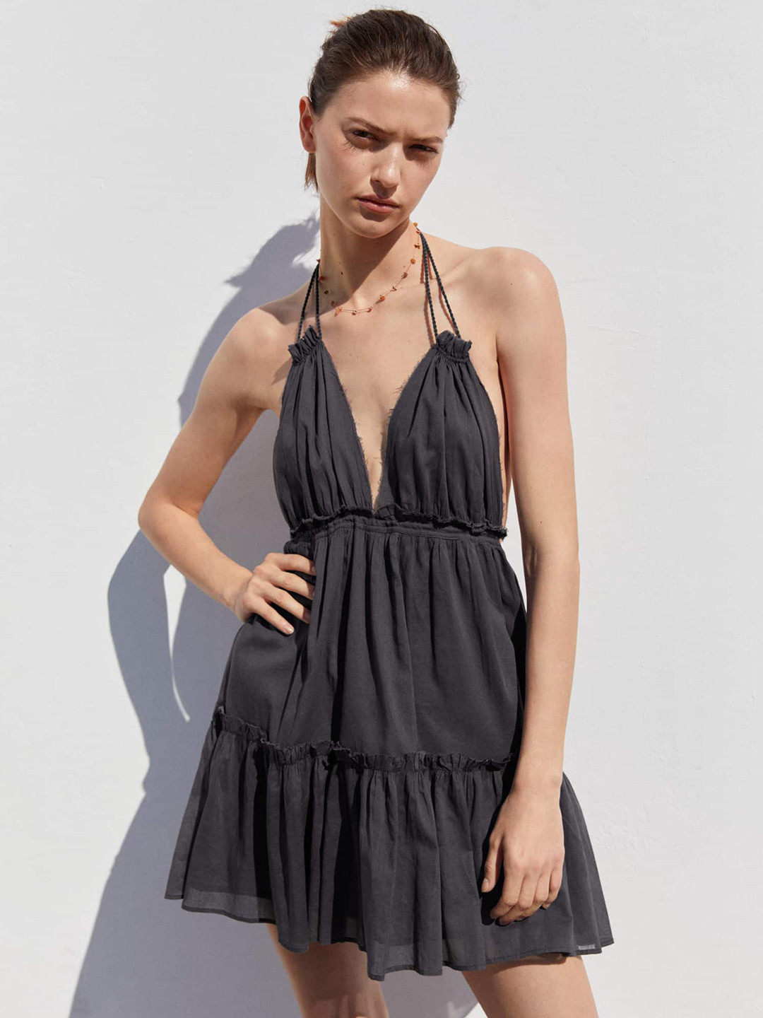 MANGO Pure Cotton Halter Neck Tiered Fit & Flare Mini Dress