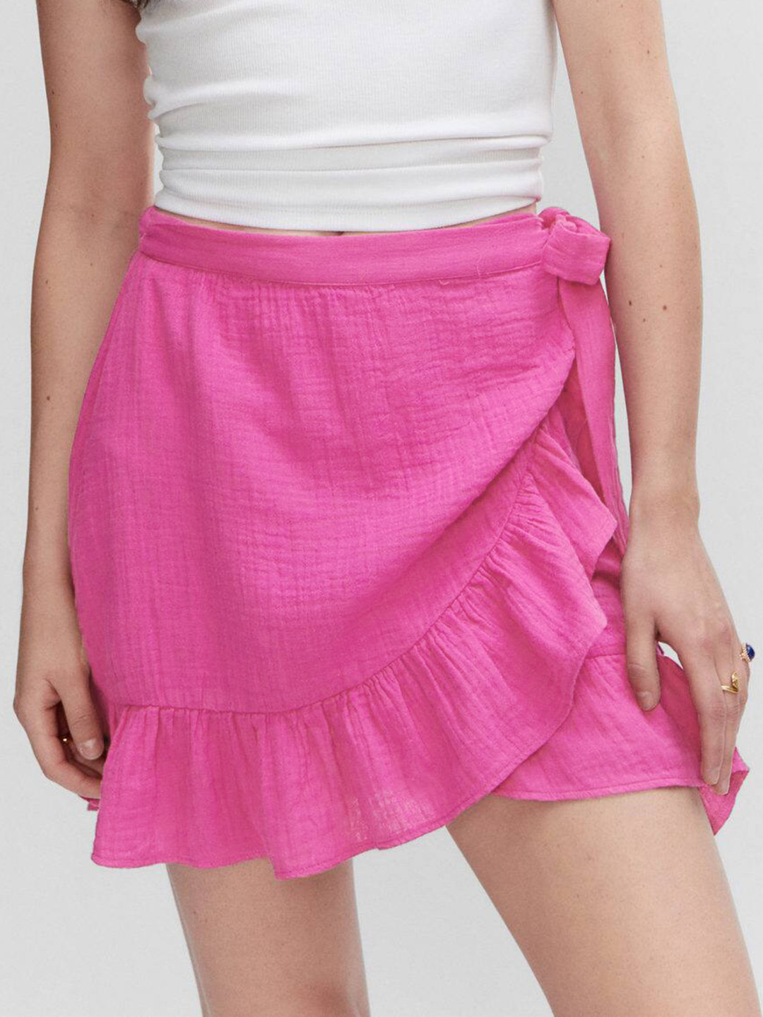 MANGO Pure Cotton Ruffles Detail Textured A-Line Mini Skirt