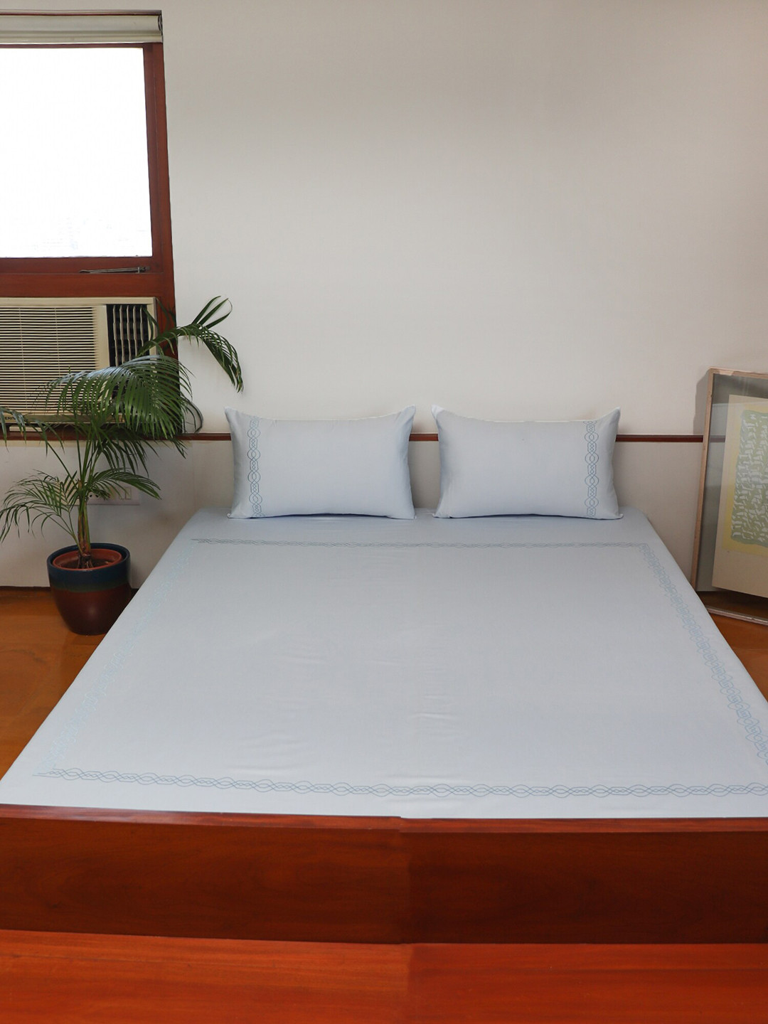 ZEBA Spring Collection Blue Solid Cotton 600 TC King Superfine Bedsheet with 2 Pillow Covers-279.4 x 279.4 cm