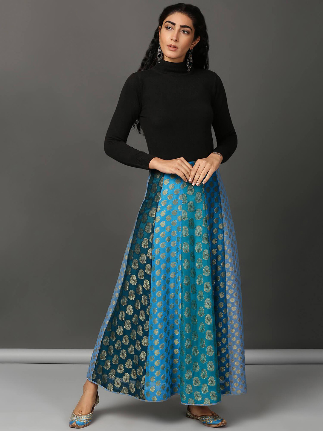 NUHH Ethnic Motif Woven Design Flared Maxi Skirts