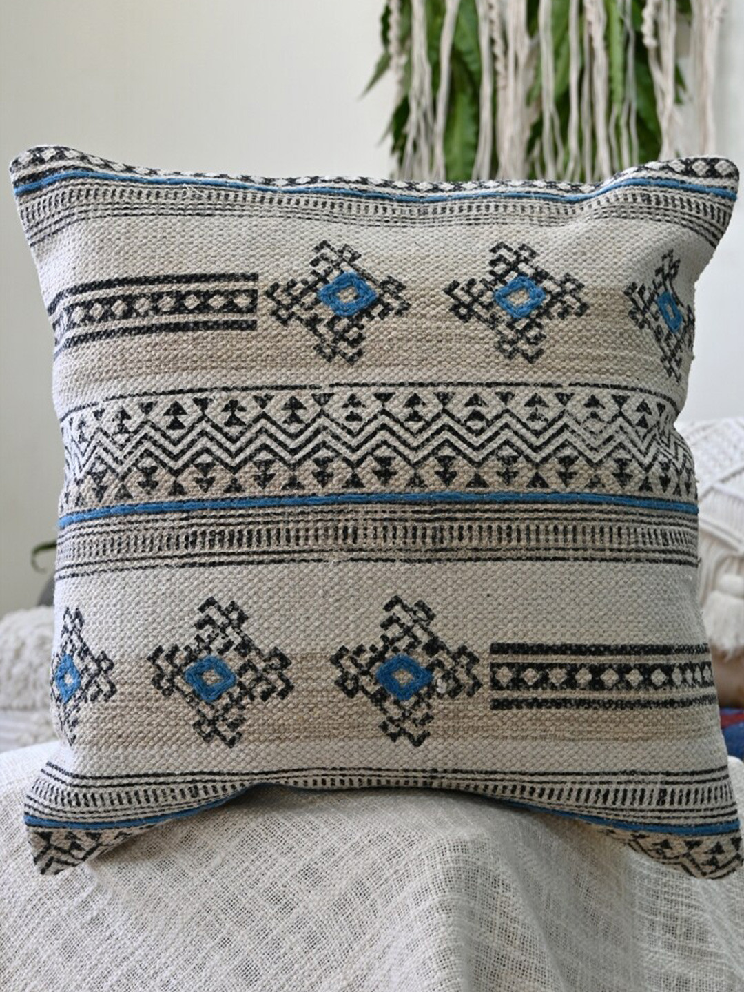 Art Avenue Rubus Grey & Blue Ethnic Motifs Printed Cotton Square Cushion Cover