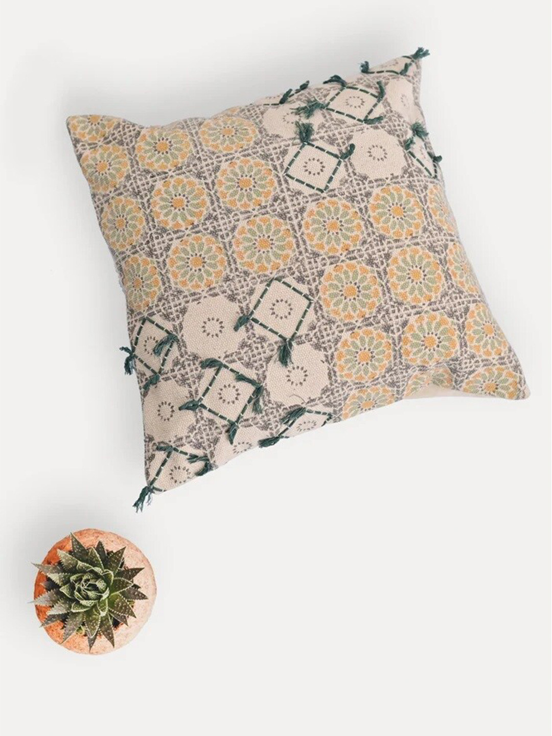 Art Avenue Owen Beige & Yellow Ethnic Motifs Cotton Square Cushion Cover