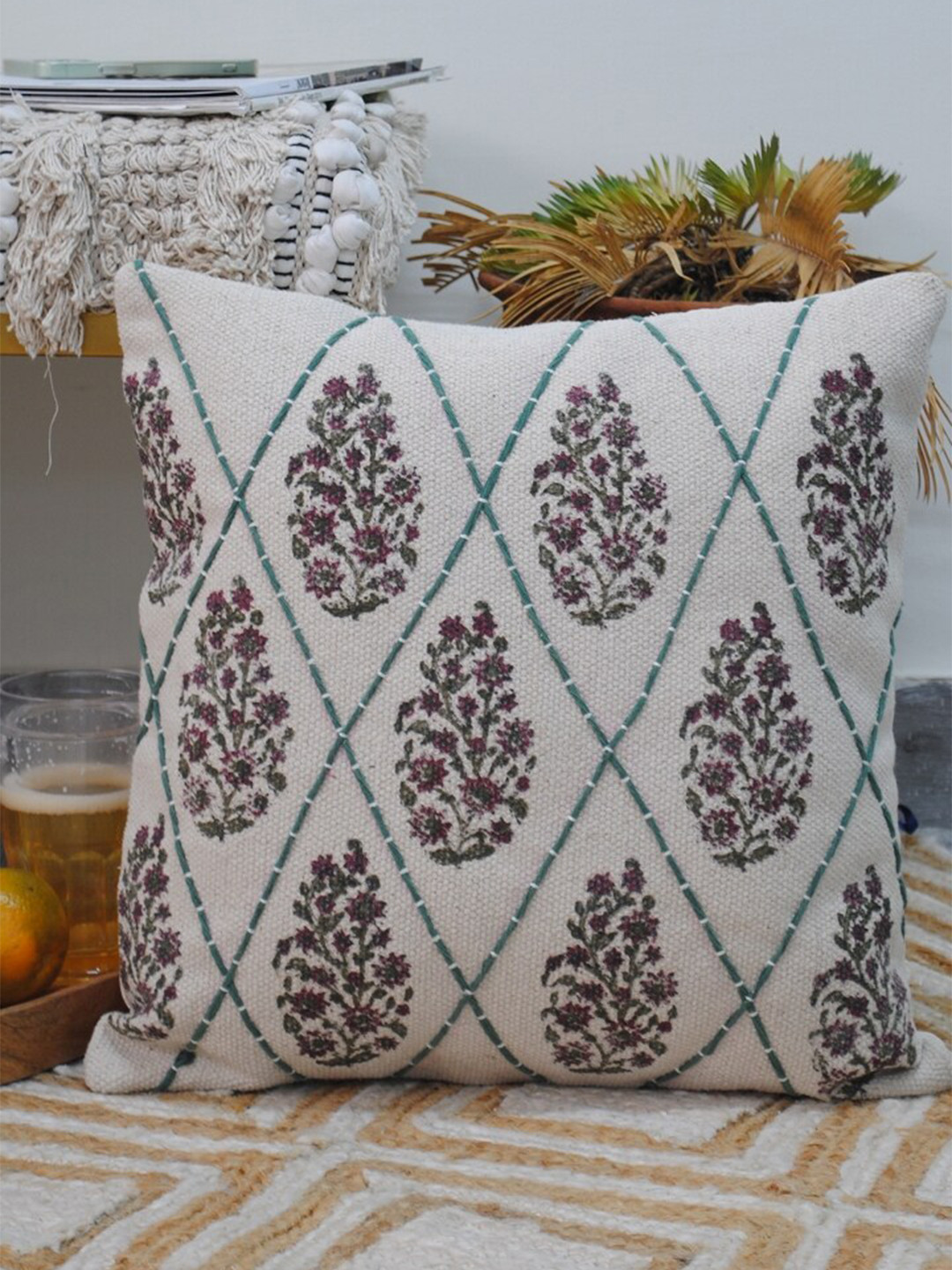 Art Avenue Terse White Ethnic Motifs Cotton Embroidered Square Cushion Cover -16x16In