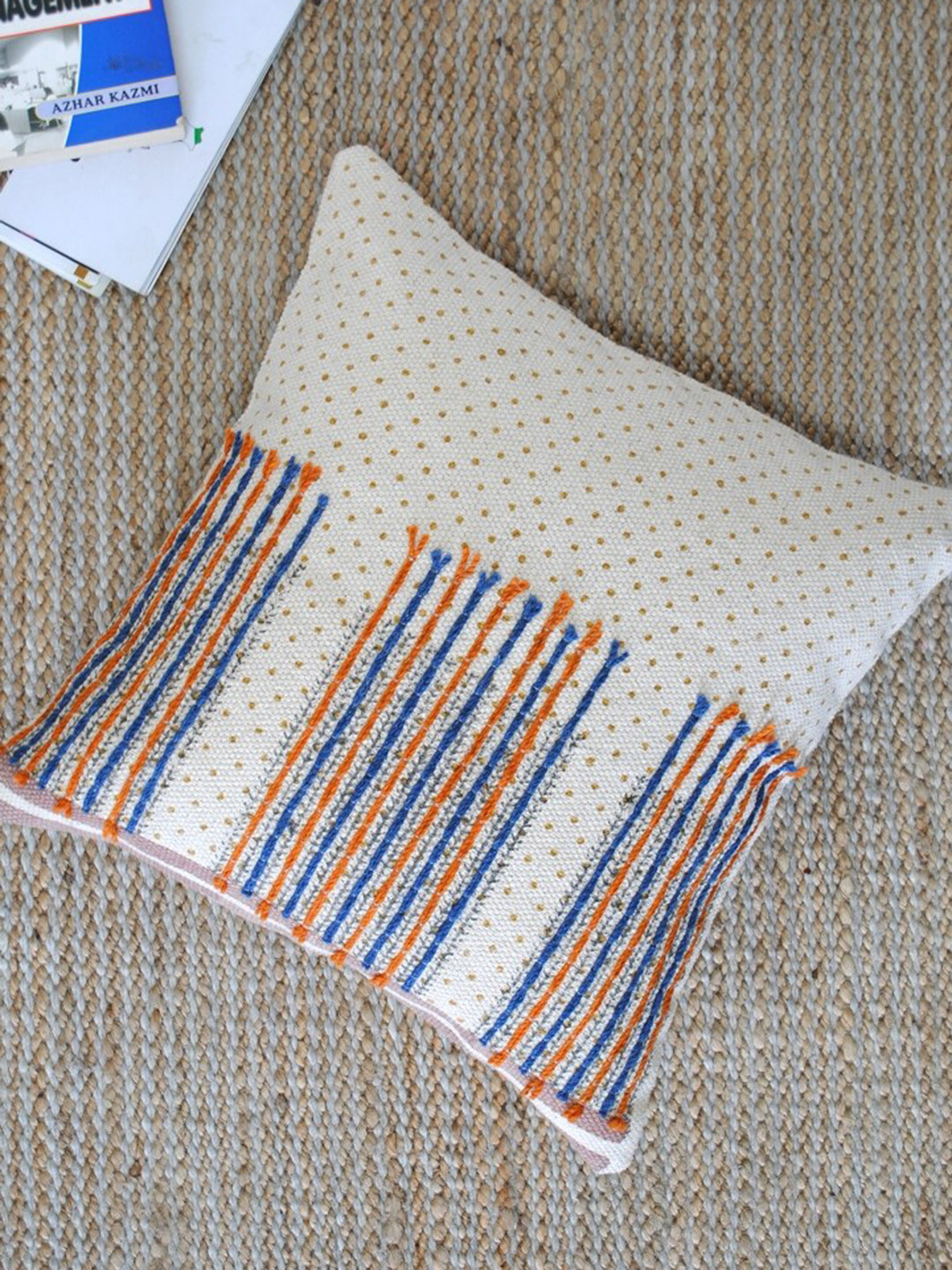 Art Avenue Lillian White & Blue Embroidered Cotton Square Cushion Cover