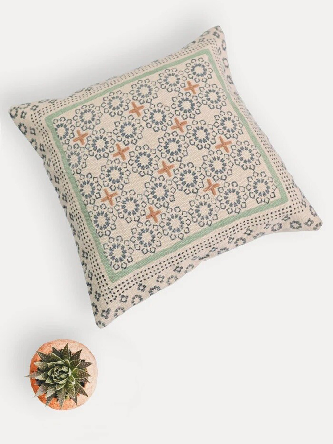 Art Avenue Siona Beige & Green Ethnic Motifs Cotton Square Cushion Cover