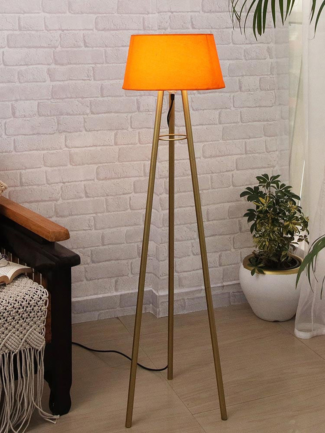 Homesake Mid Century Orange Tripod Floor Lamp With Iron Legs & Fabric Shade