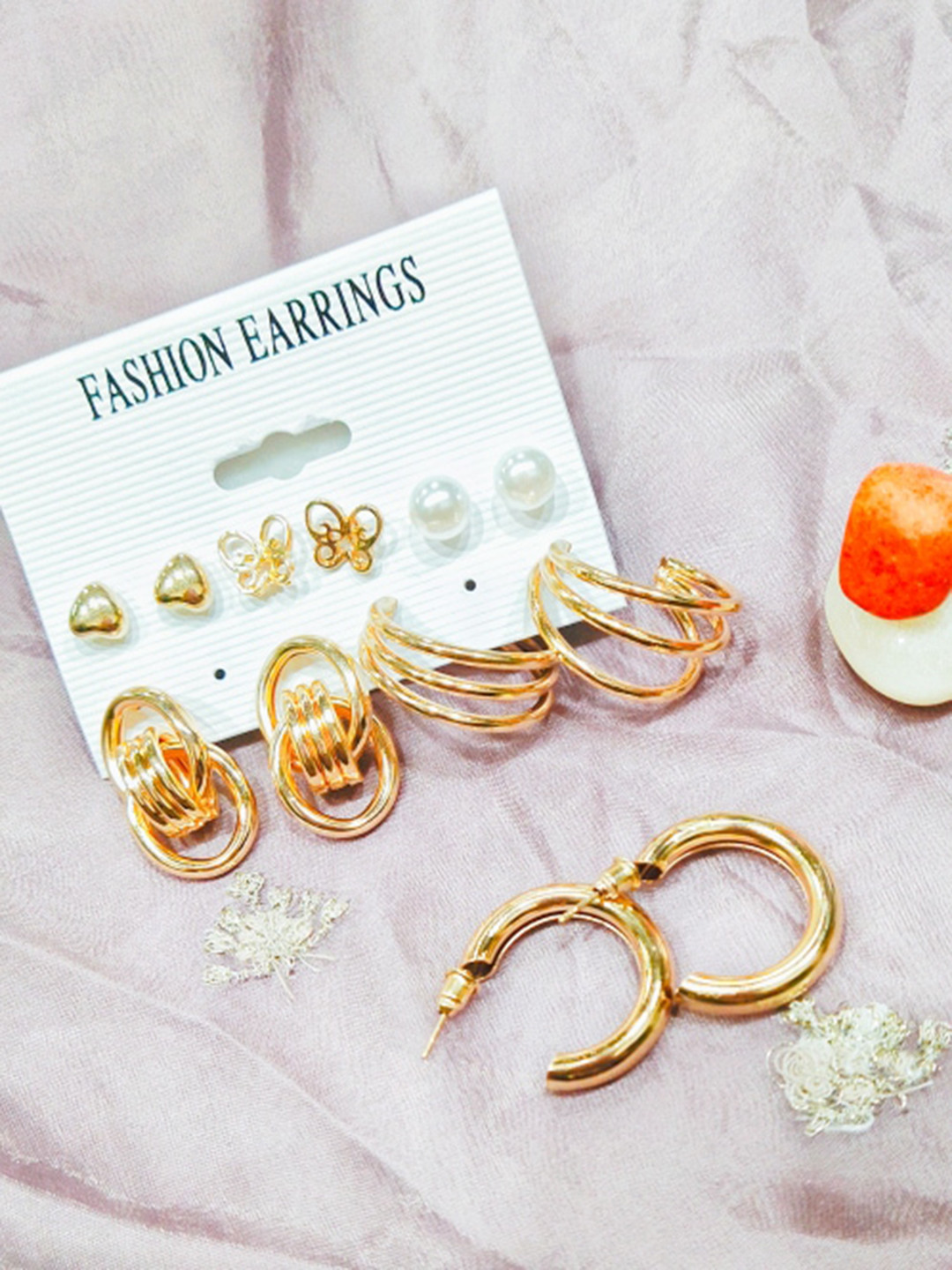 FEMMIBELLA Set Of 6 Gold-Plated Hoop & Stud Earrings