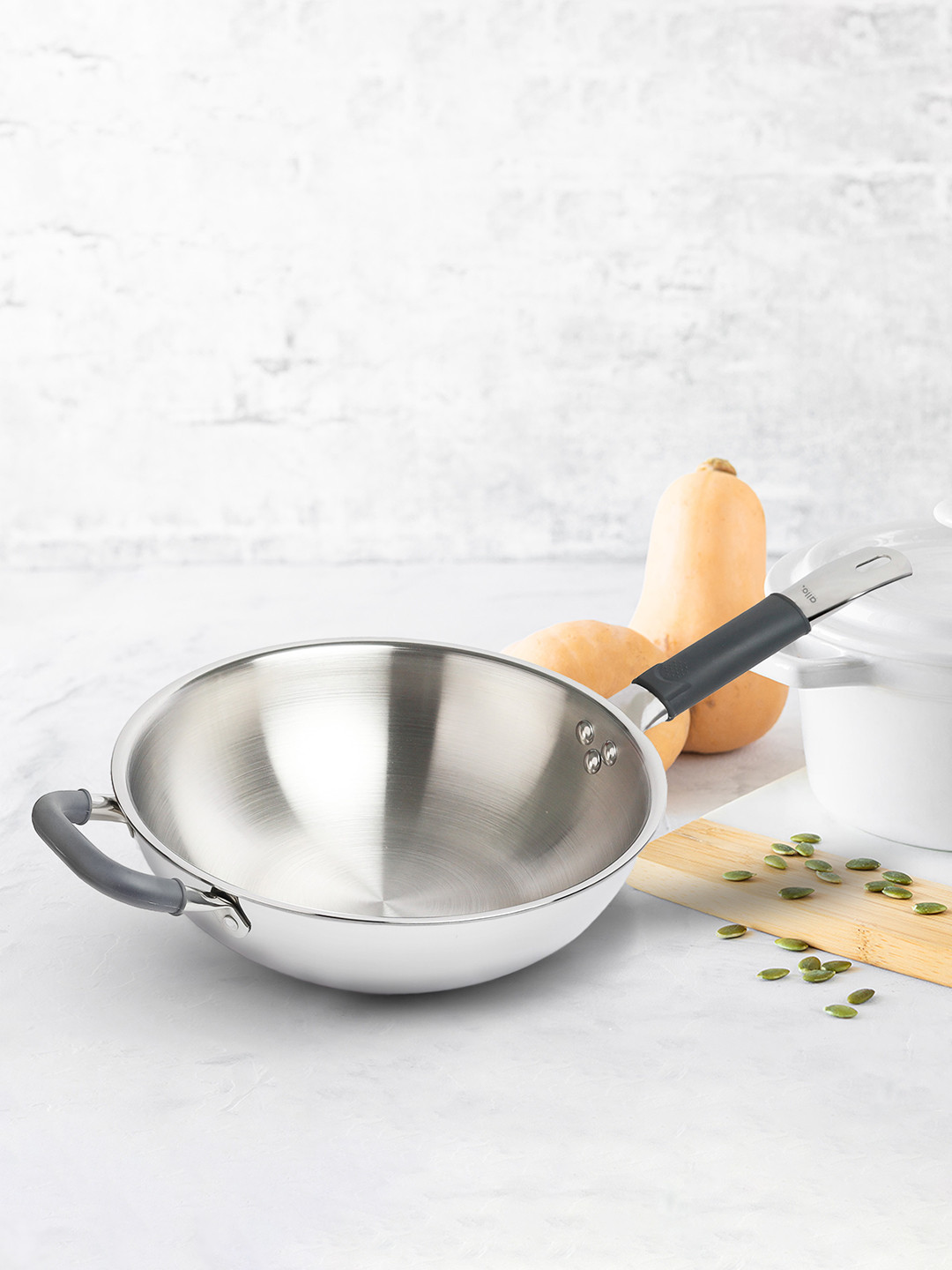 Allo Silver Stainless Steel 28 cm Induction Friendly Triply Wok (4.5 L)
