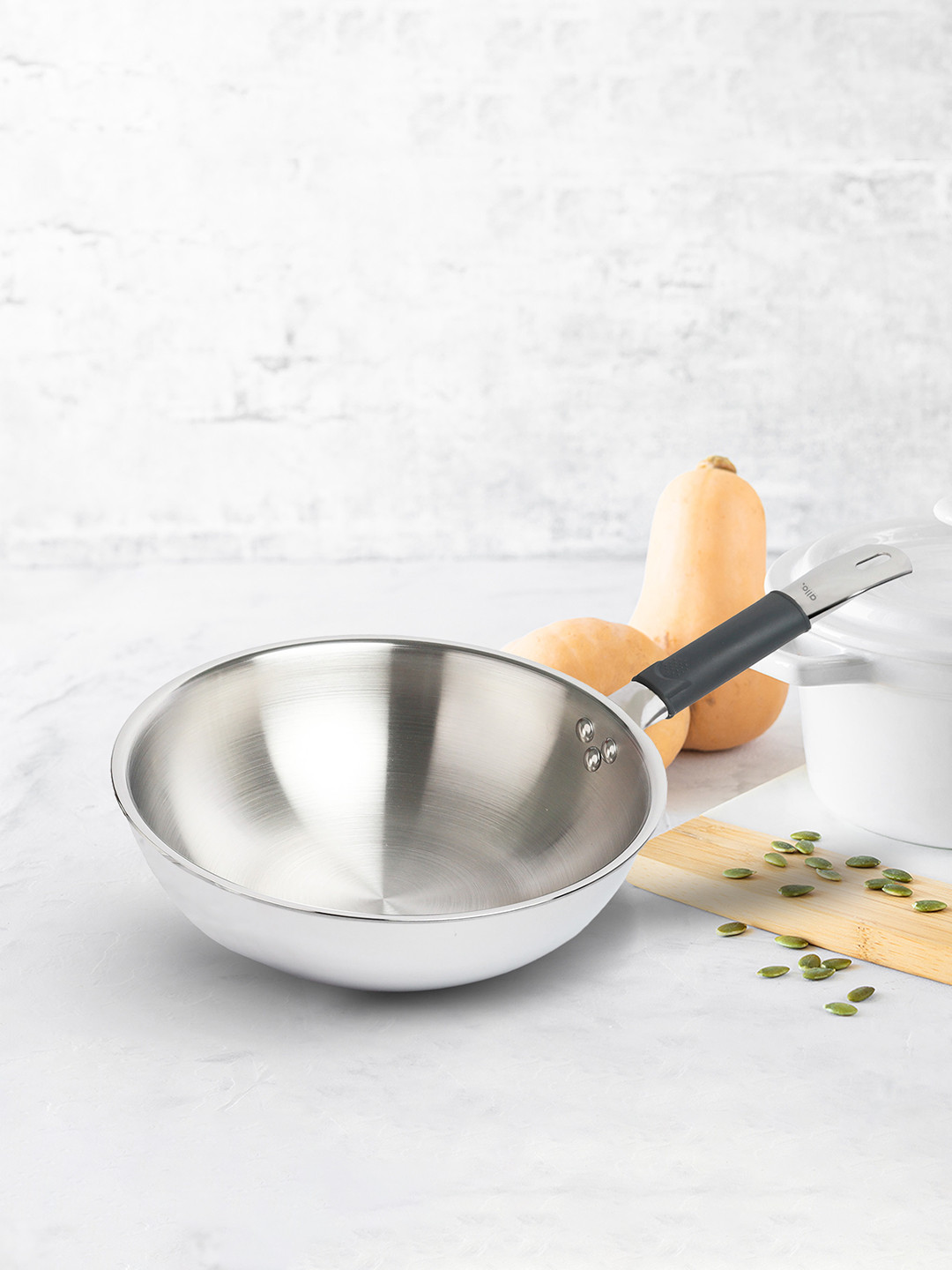 Allo Silver Stainless Steel 24 cm Induction Friendly Triply Wok (2.7 L)