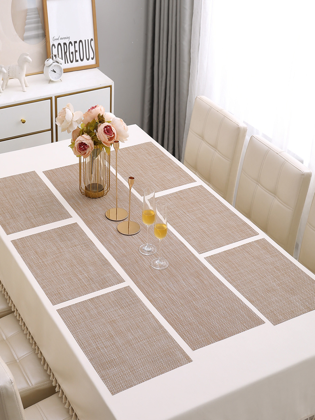 HOKIPO Cream-Coloured 7 Pieces Plain Table Placemats with Runner