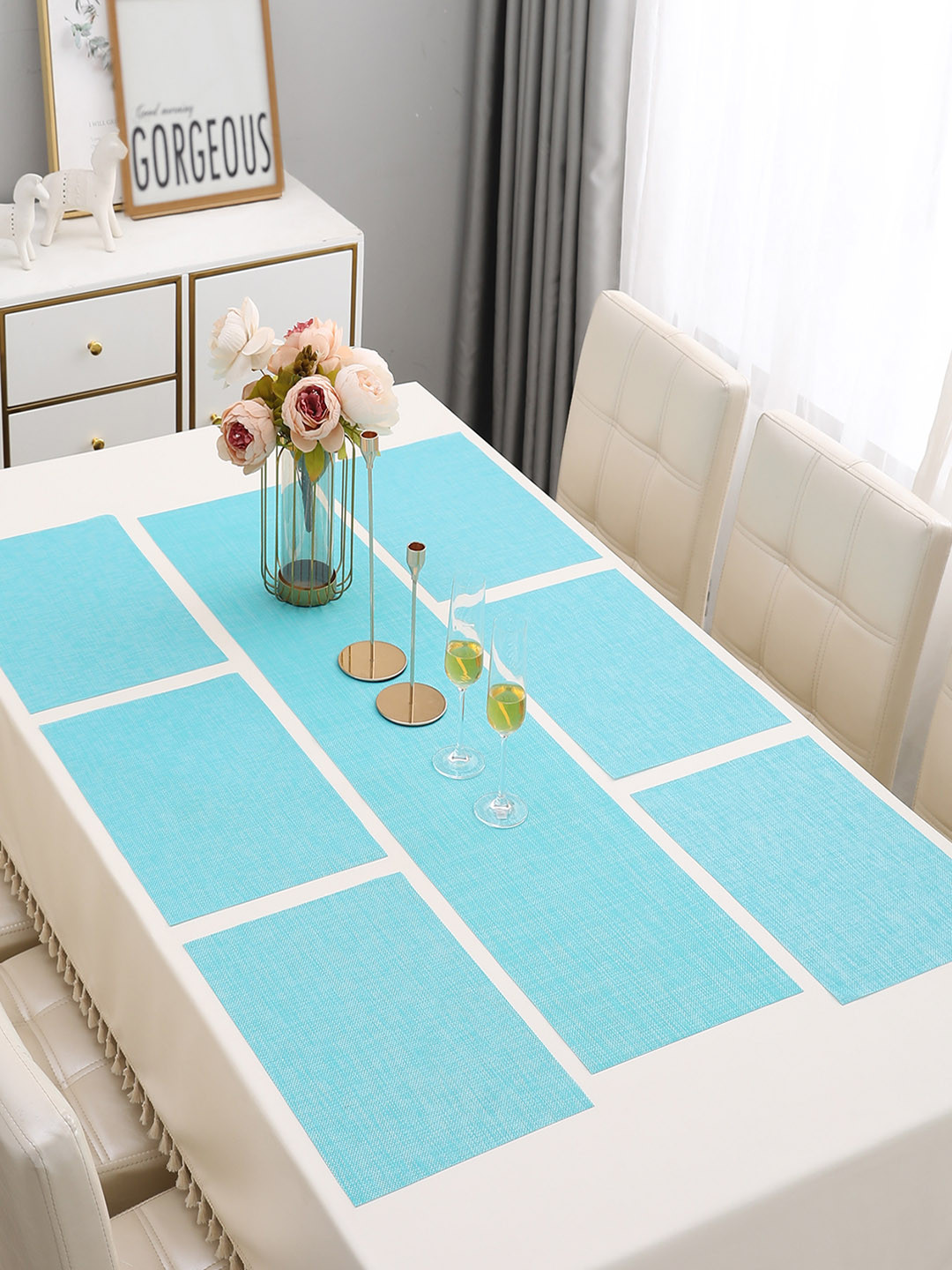 HOKIPO Blue 7 Pieces Table Placemats with Runner